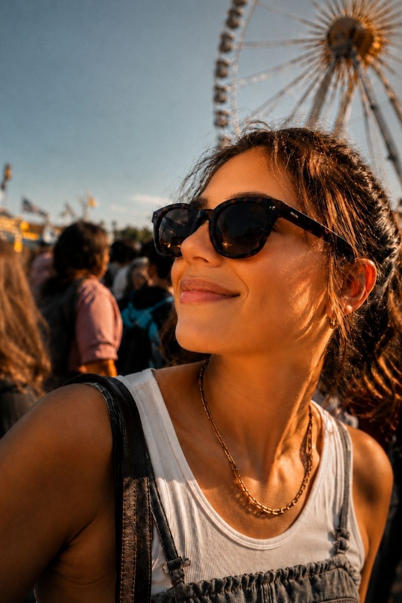 Frau mit Sonnenbrille auf dem Münchner Oktoberfest vor einem Riesenrad – ein Motiv für Brille, Kontaktlinsen und Sonnenbrille bei Brillen Schneider und Optik Bartholomä in München.