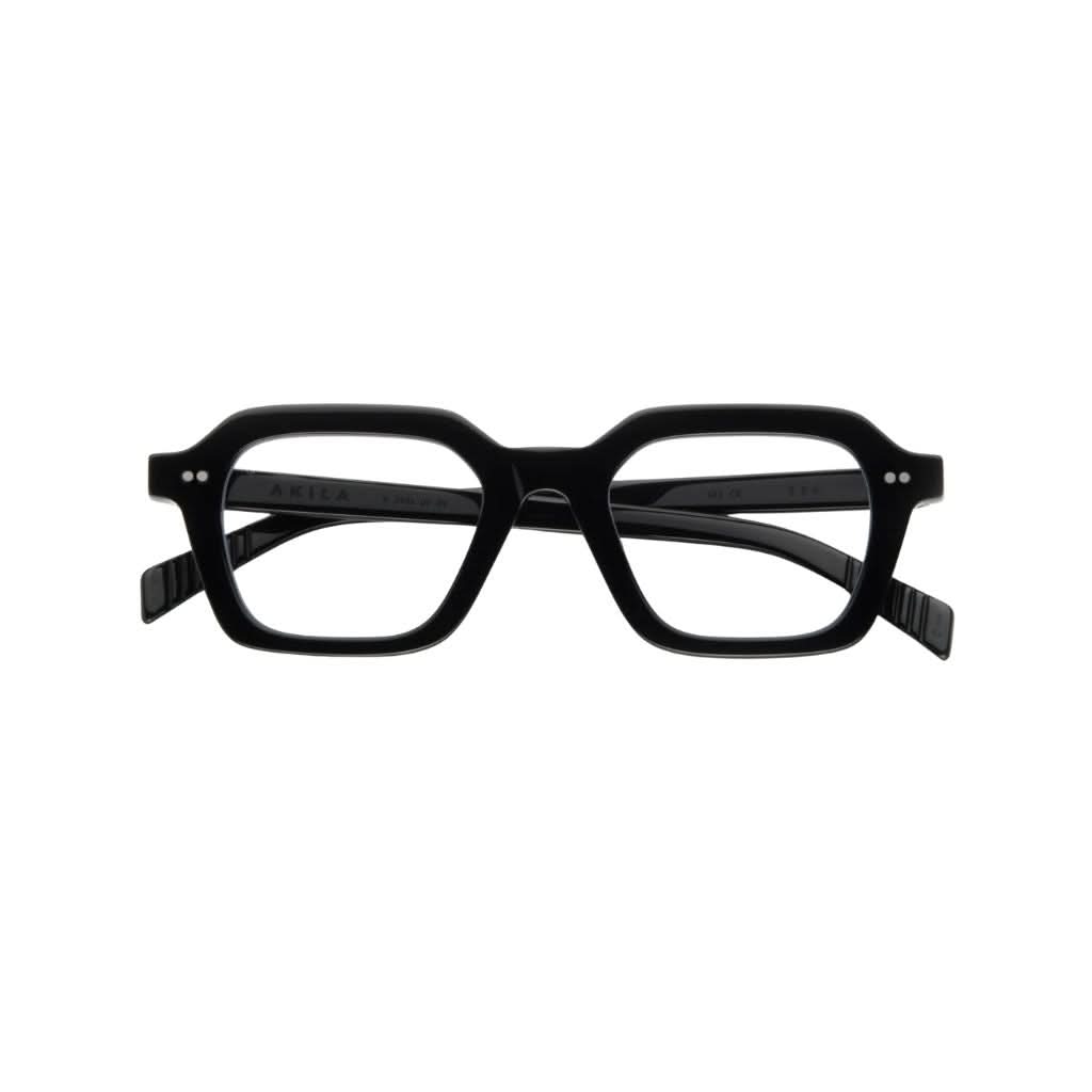 Frontansicht der AKILA Era 01 in Schwarz bei Optik Bartholomä in München – kantige Unisex-Fassung aus tiefschwarzem Bio-Acetat im minimalistischen Design.