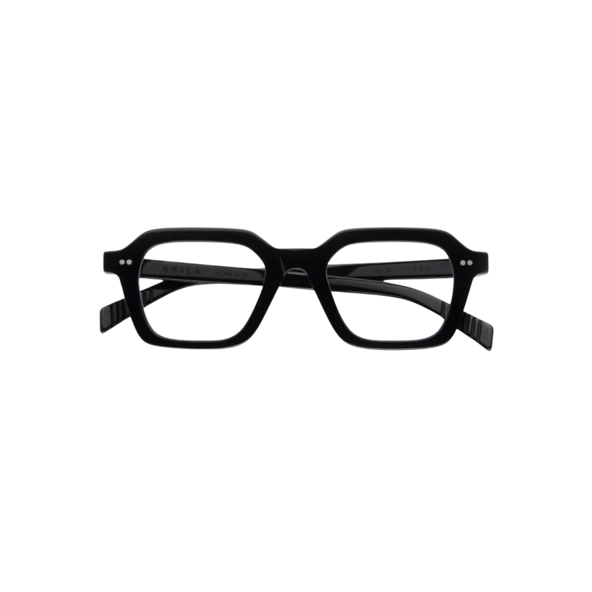 Frontansicht der AKILA Era 01 in Schwarz bei Optik Bartholomä in München – kantige Unisex-Fassung aus tiefschwarzem Bio-Acetat im minimalistischen Design.
