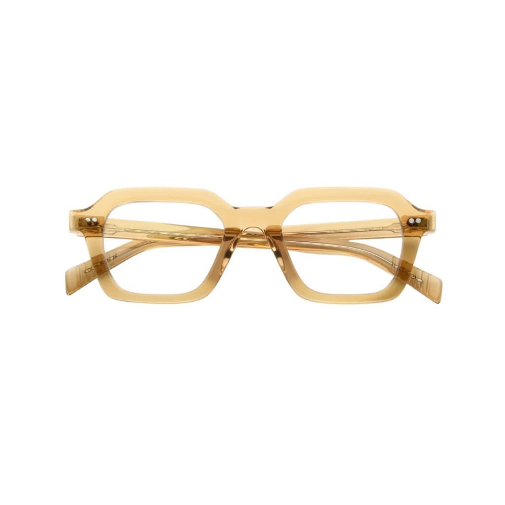 Frontansicht der AKILA Era in 24 Yellow bei Optik Bartholomä in München – transparente, eckige Fassung im 90s-Stil mit leuchtend gelbem Bio-Acetat.
