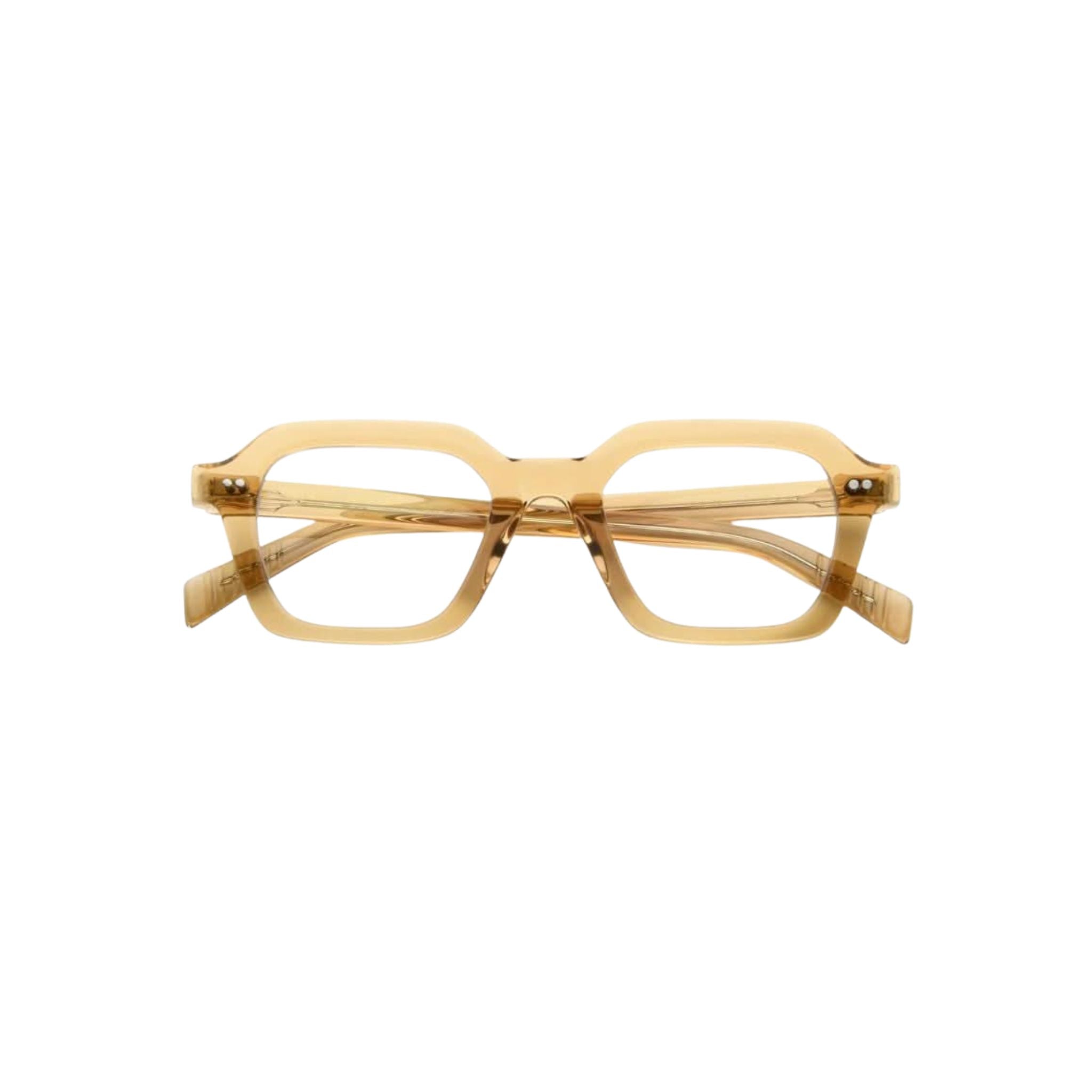 Frontansicht der AKILA Era in 24 Yellow bei Optik Bartholomä in München – transparente, eckige Fassung im 90s-Stil mit leuchtend gelbem Bio-Acetat.