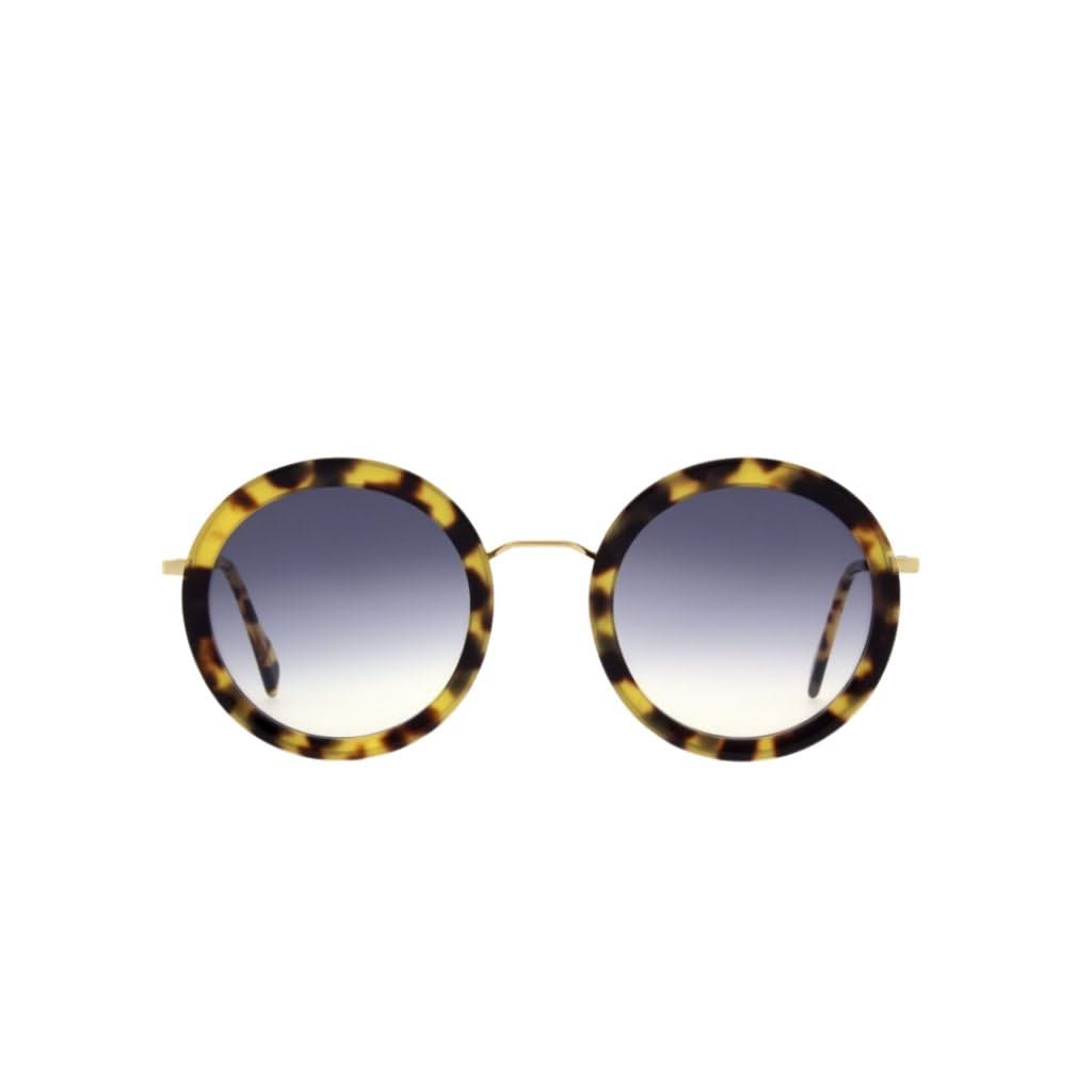 Designer-Sonnenbrille Andy Wolf Liss Sun Tortoise – Frontansicht runde Sonnenbrille mit violetten Verlaufsgläsern bei Optik Bartholomä München