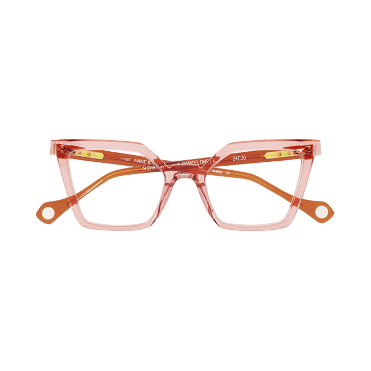 Anne et Valentin BARCELONETA 24C30 eckige Acetatbrille in transparentem Rosé und Apricot mit orangefarbenen Bügeln – Brillen Schneider München