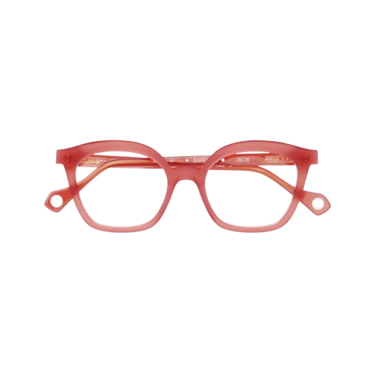 Anne et Valentin BARRANCO 26C18 geometrische Acetatbrille in Korall Rosé und Rot mit markanten Bügelenden – Brillen Schneider München