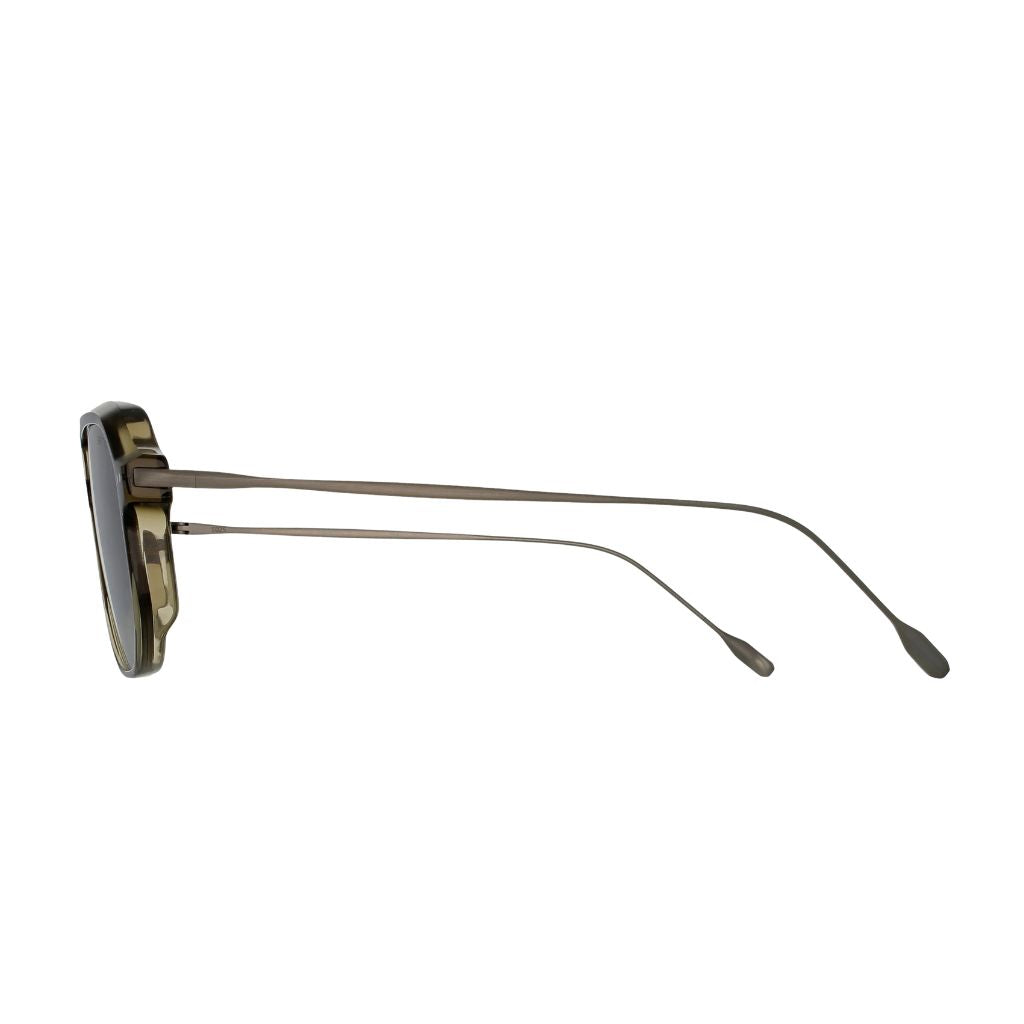 Brett Eyewear CHUCK SUN C16 Detailansicht Acetatfront khaki grün Edelstahlbügel silber Aviator Sonnenbrille Herren hochwertige Verarbeitung München Optiker Optik Bartholomä
