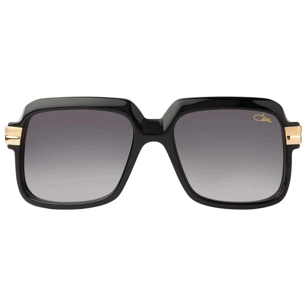 Stilvolle Cazal Eyewear Sonnenbrille Modell 607/3 in schwarz mit trendigem, glänzendem Rahmen und markanten Details, erhältlich bei Brillen Schneider, Ihrem Optik- und Augenoptiker in München.