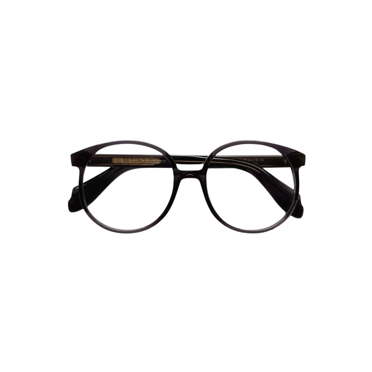 Detailaufnahme der Cutler and Gross 1395 Round Opticals Dark Grey mit goldfoliertem Logo – Brillen Schneider München.