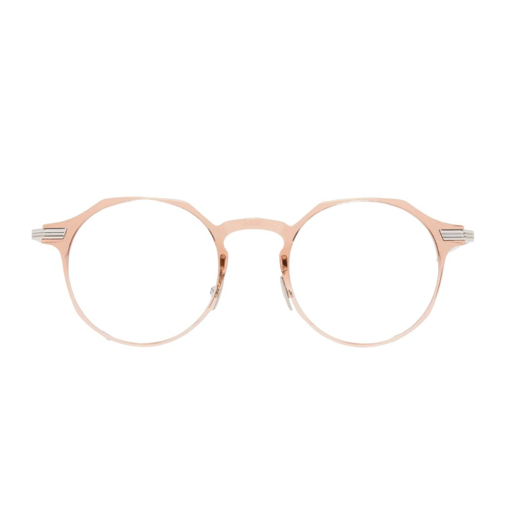 Frontansicht der Cutler and Gross AUOP 0008 04 in Peach on 18K Rhodium – runde Acetat-Metall-Brille mit Flat-Top-Form bei Brillen Schneider München