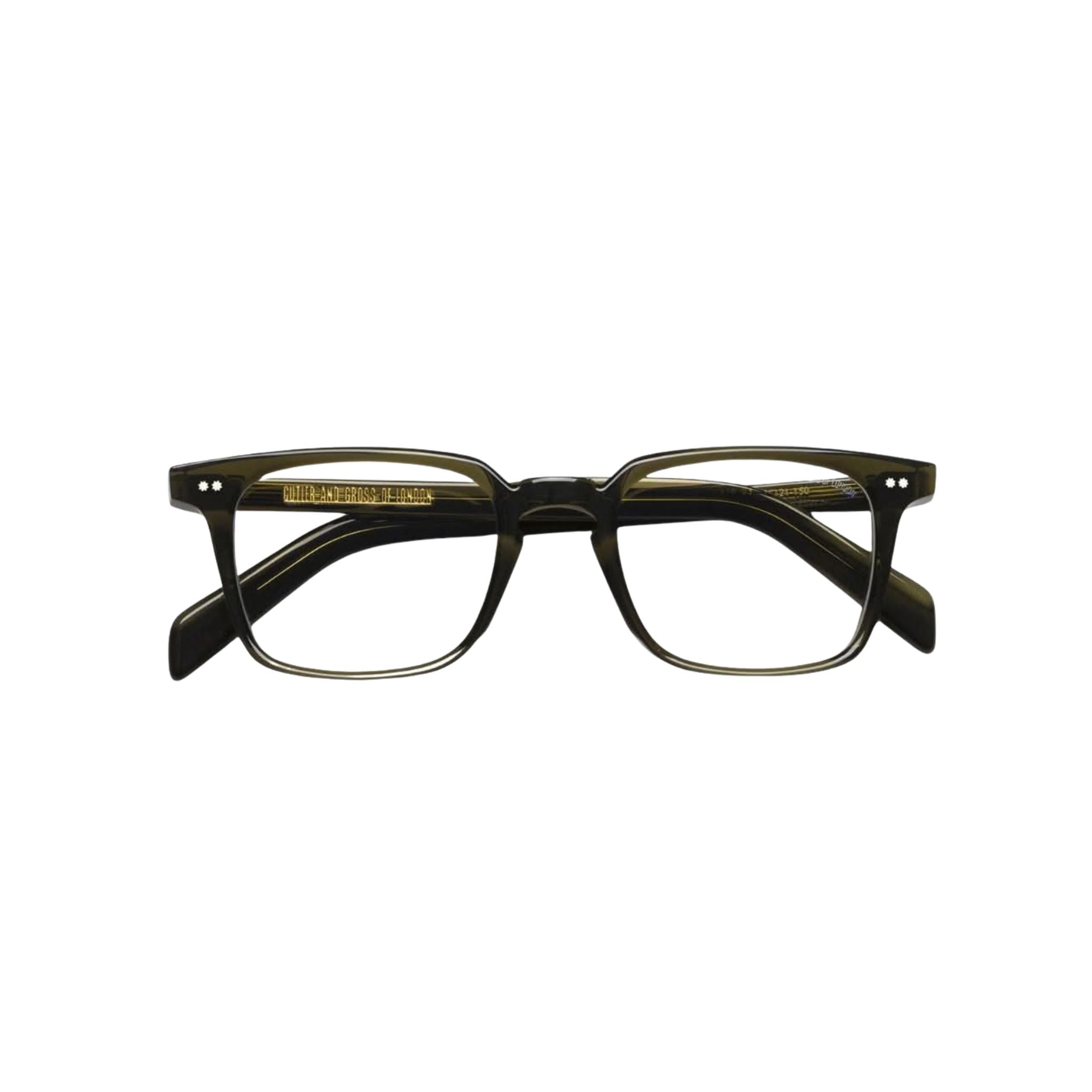 Designerbrille Cutler and Gross GR10 Olive – Detailansicht markante, quadratische Fassung aus der Graham Cutler Collection bei Brillen Schneider München