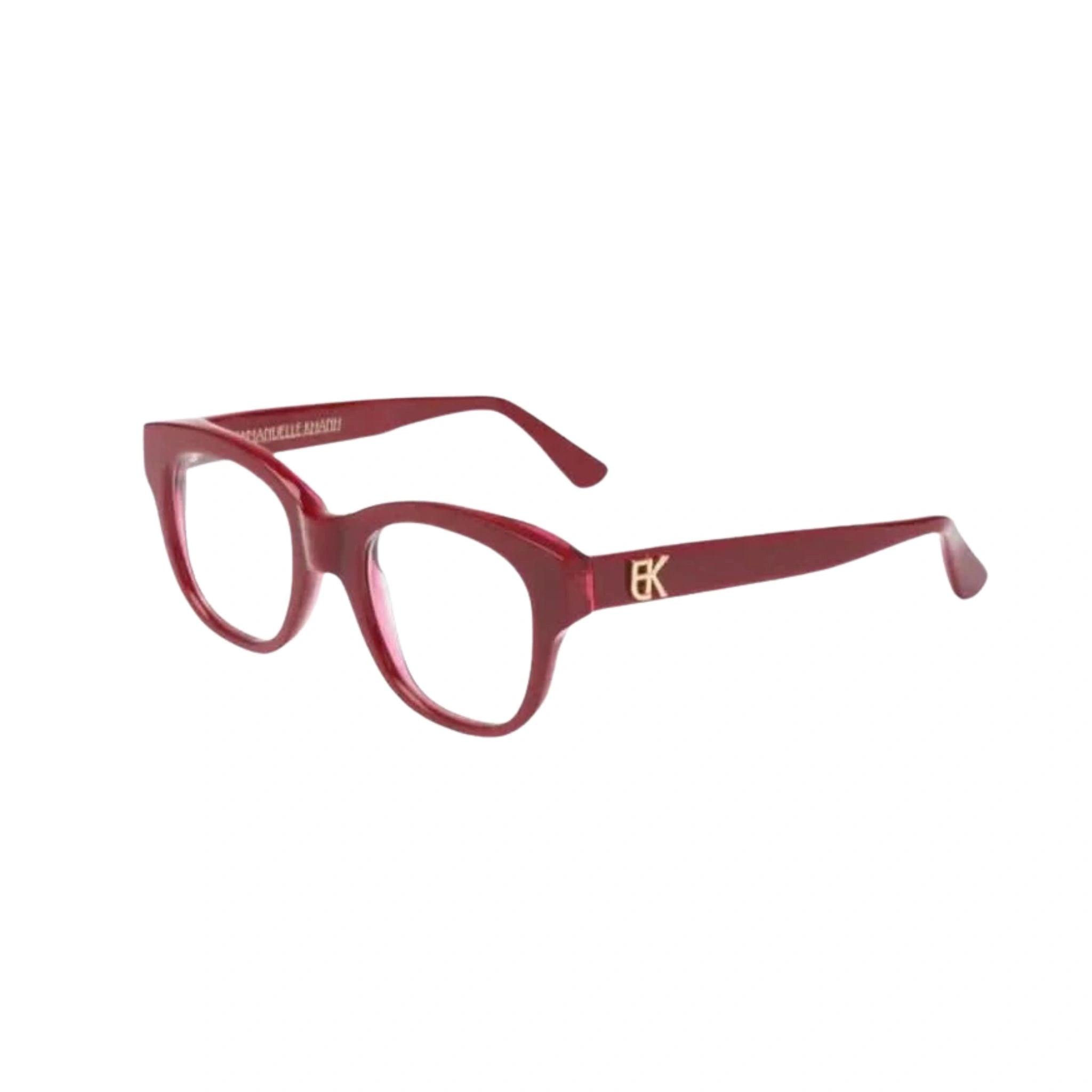 Seitenaufnahme der Brille Amour X in Rot von Emmanuelle Khanh. Diese Designerbrille ist ein modisches Statement für die stilbewusste Frau, erhältlich bei Brillen Schneider, Ihrem Optiker in München, für exzellente Augenoptik.