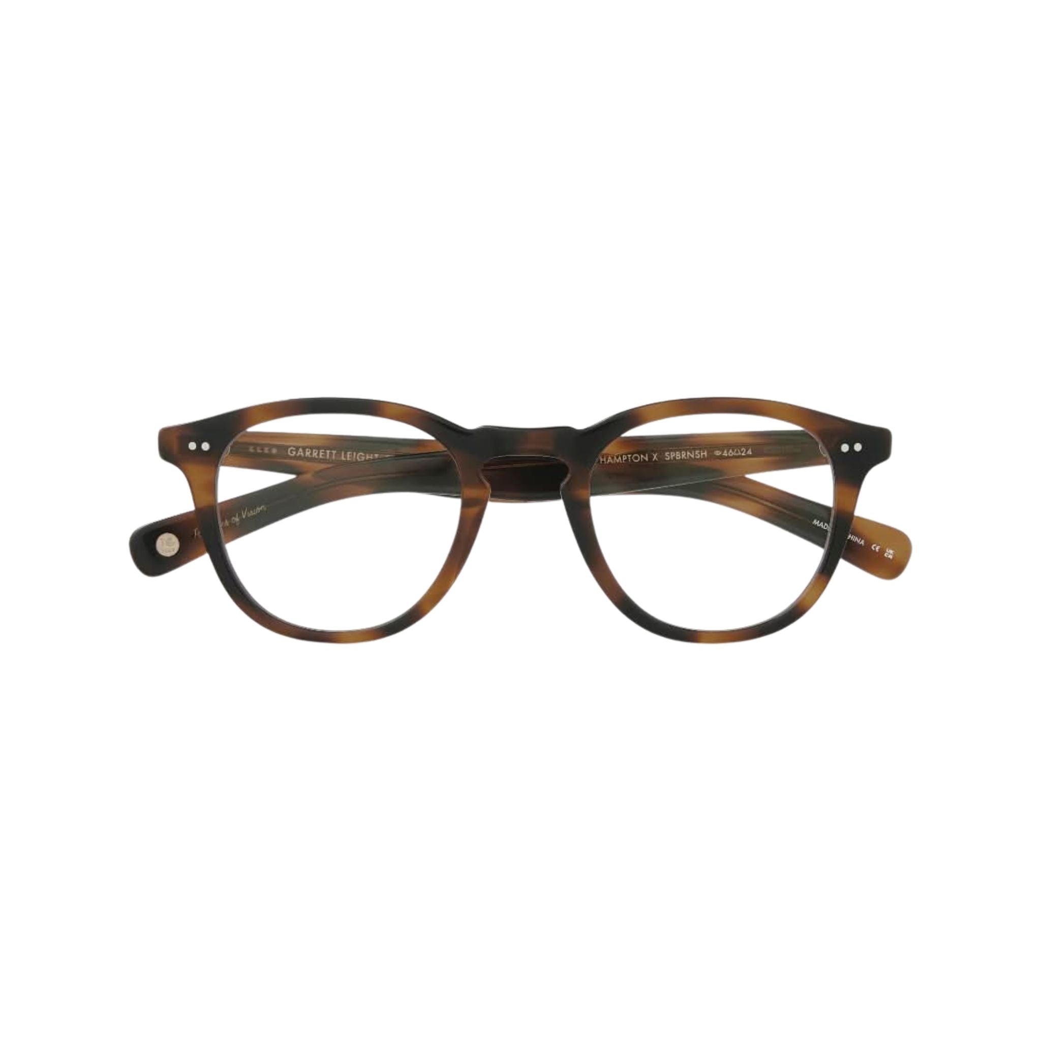 Frontansicht der Garrett Leight Brille, Modell Hampton X in der Farbe Spotted Brown, erhältlich bei Optik Bartholomä in München. Stilvolles Design mit markanten, gesprenkelten Brauntönen und einer klaren, minimalistischen Form.