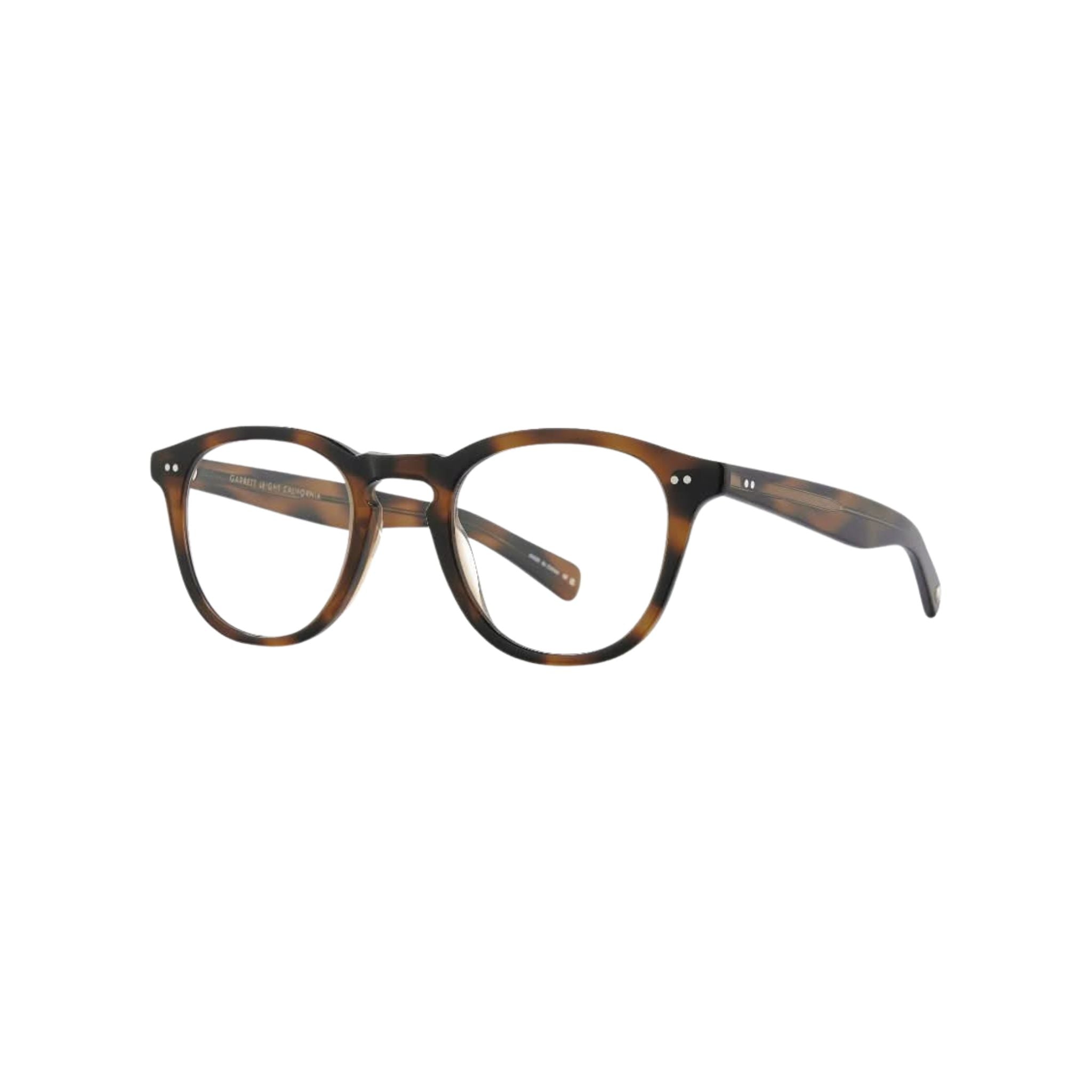 Detailansicht der Garrett Leight Brille, Modell Hampton X in der Farbe Spotted Brown, erhältlich bei Optik Bartholomä in München. Fein verarbeiteter, gepunkteter Braunrahmen mit subtilen Akzenten für einen klassischen, aber auffälligen Look.