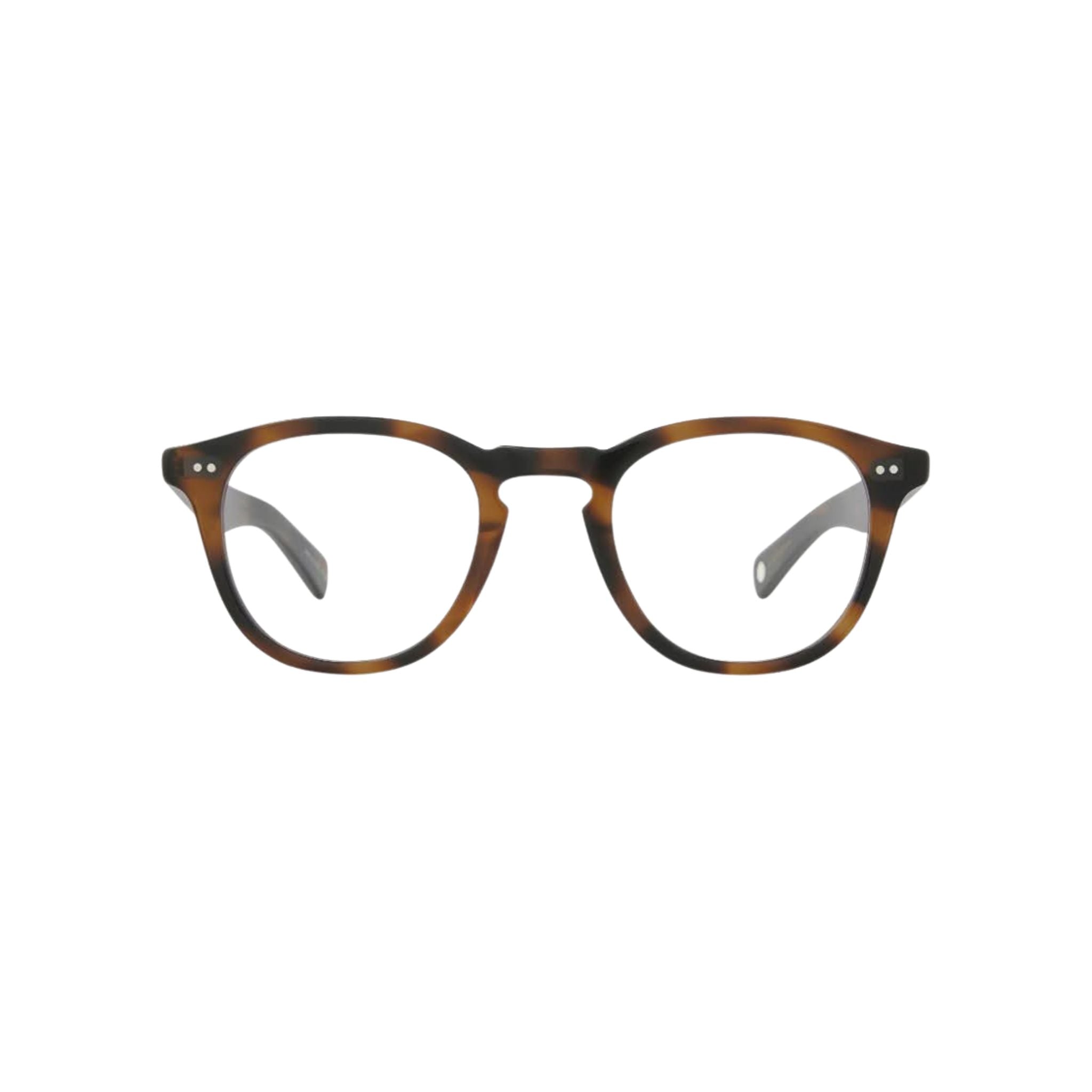 Garrett Leight Brille, Modell Hampton X in der Farbe Spotted Brown, erhältlich bei Optik Bartholomä in München. Präzise Verarbeitung mit dezenten Akzenten, die das gepunktete Braumuster perfekt ergänzen.