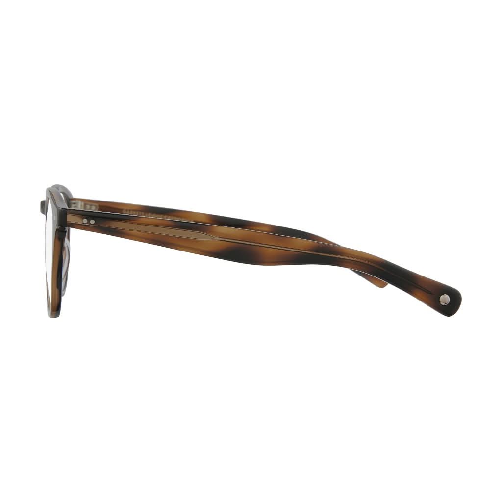Seitenansicht der Garrett Leight Brille, Modell Hampton X in der Farbe Spotted Brown, erhältlich bei Optik Bartholomä in München. Elegantes Design mit einem markanten, gesprenkelten Brauntönen und klarer, moderner Linienführung.