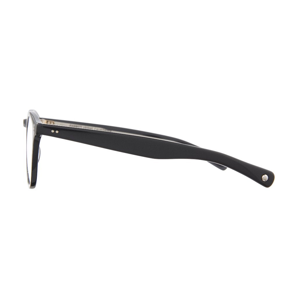 Seitenansicht der Garrett Leight Brille, Modell Hampton X in der Farbe Black, erhältlich bei Optik Bartholomä in München. Klassisches Design in edlem Schwarz mit klarer Linienführung und elegantem Look.