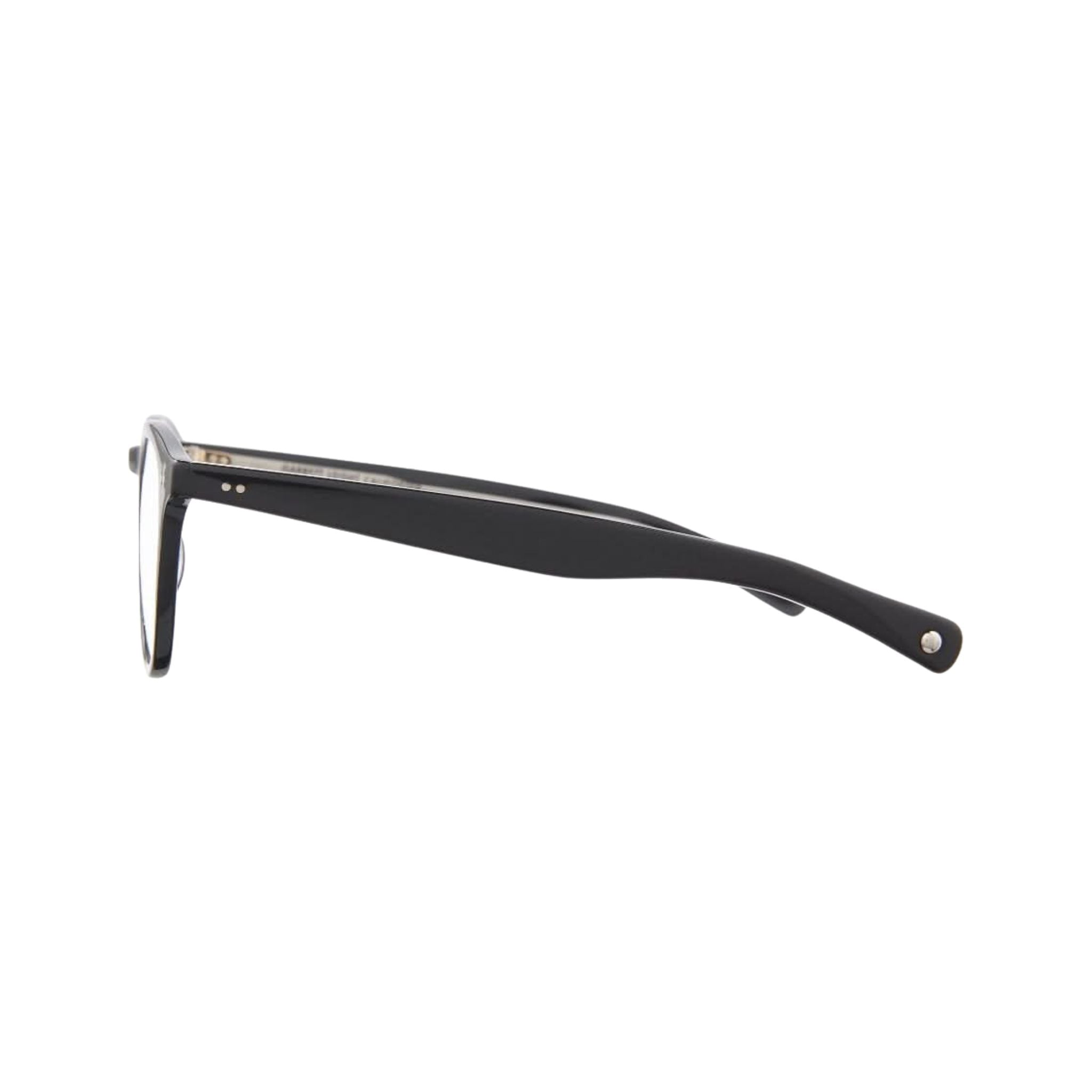 Seitenansicht der Garrett Leight Brille, Modell Hampton X in der Farbe Black, erhältlich bei Optik Bartholomä in München. Klassisches Design in edlem Schwarz mit klarer Linienführung und elegantem Look.
