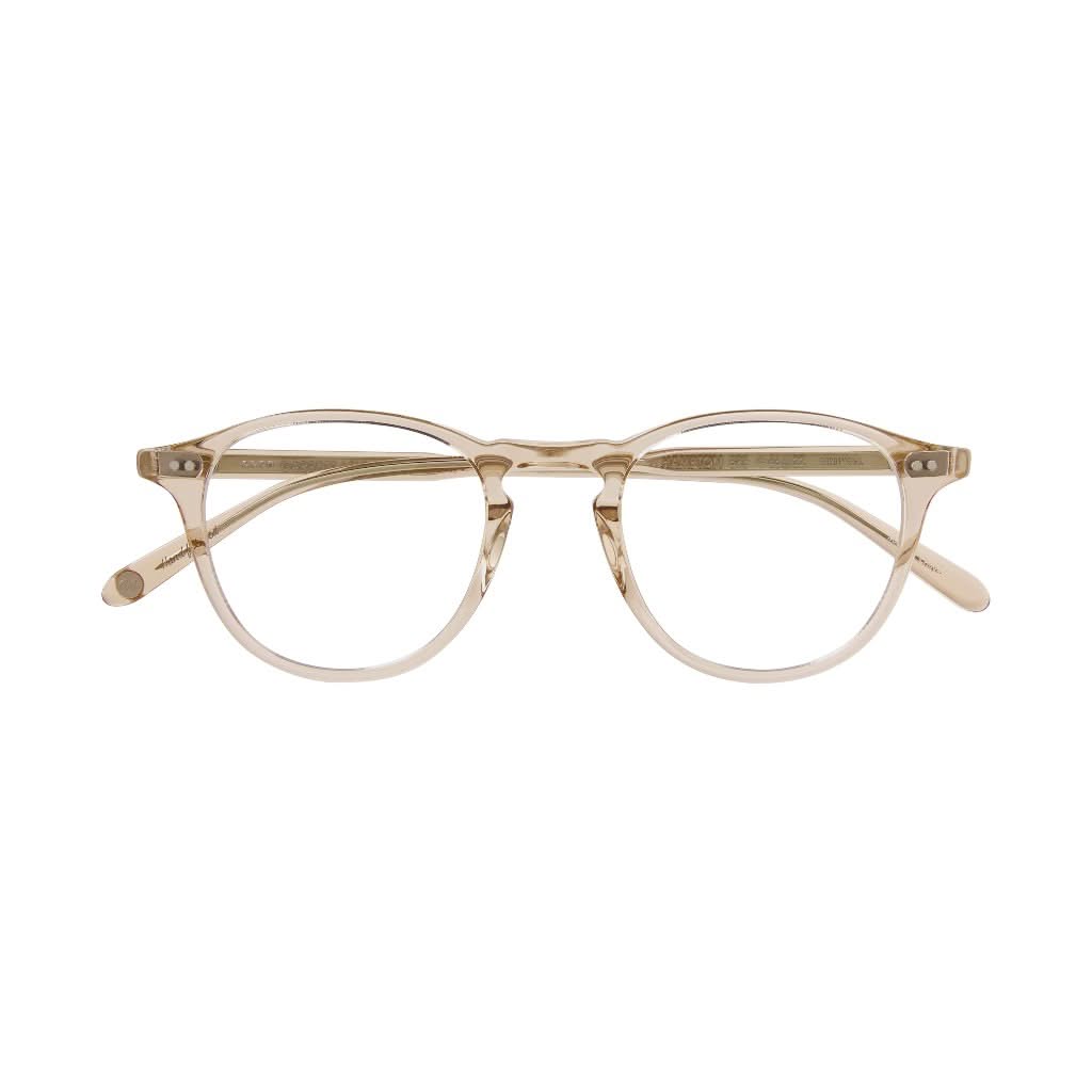 Frontansicht der Garrett Leight Brille, Modell Hampton X in der Farbe Brew, erhältlich bei Optik Bartholomä in München. Minimalistisches Design in einem transparenten Nude-Ton, das einen frischen, modernen Look bietet.