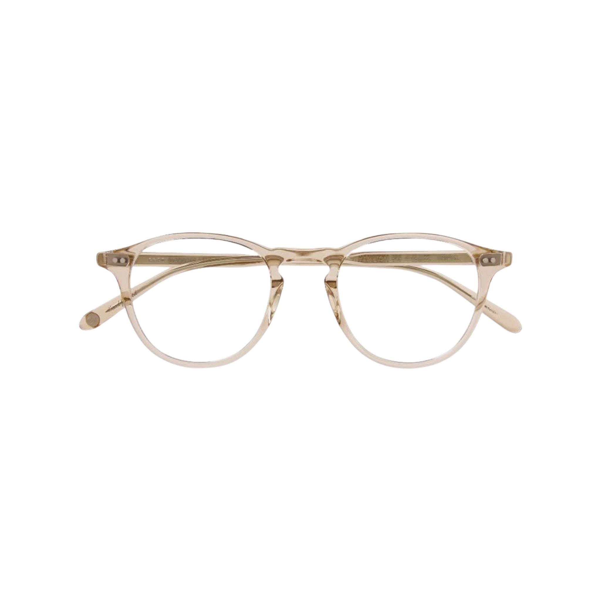 Frontansicht der Garrett Leight Brille, Modell Hampton X in der Farbe Brew, erhältlich bei Optik Bartholomä in München. Minimalistisches Design in einem transparenten Nude-Ton, das einen frischen, modernen Look bietet.