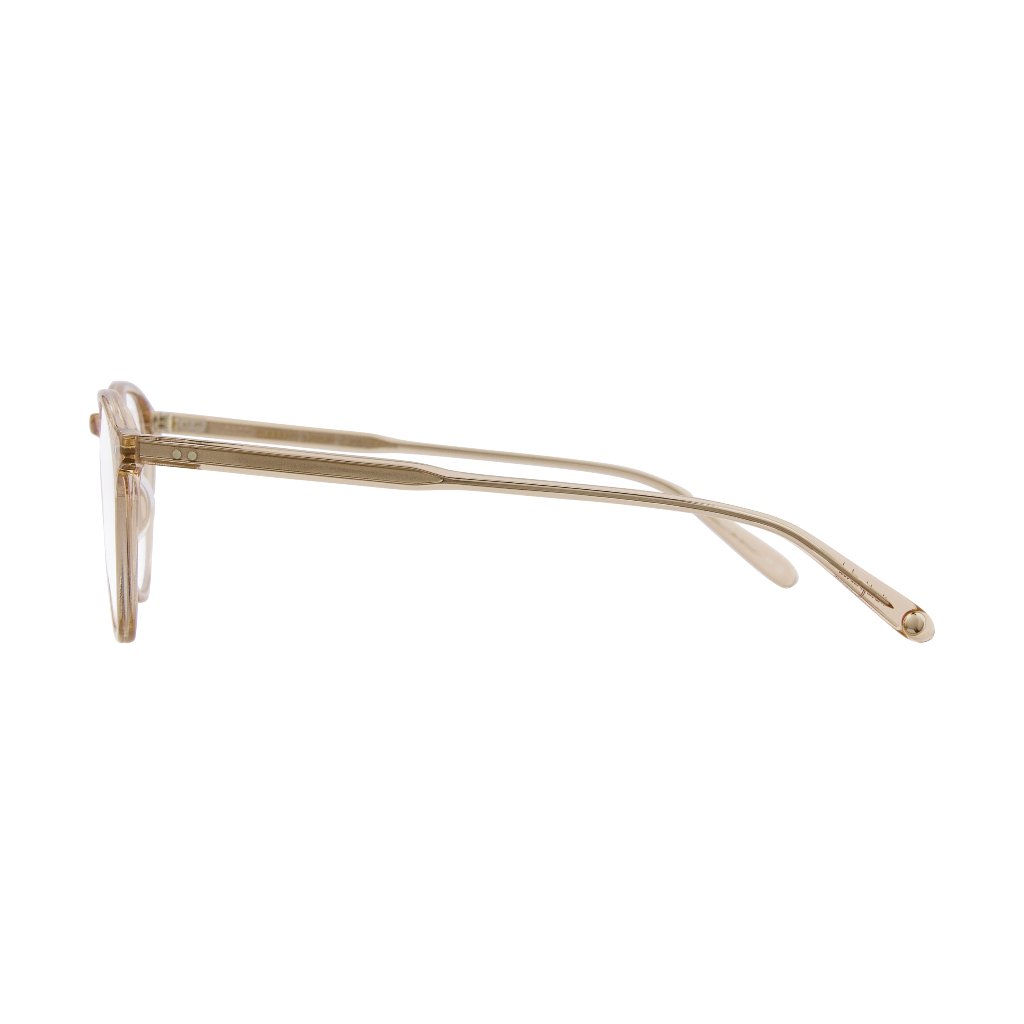 Seitenansicht der Garrett Leight Brille, Modell Hampton X in der Farbe Brew, erhältlich bei Optik Bartholomä in München. Transparentes Design in einem weichen, nudefarbenen Ton für einen eleganten und modernen Look.