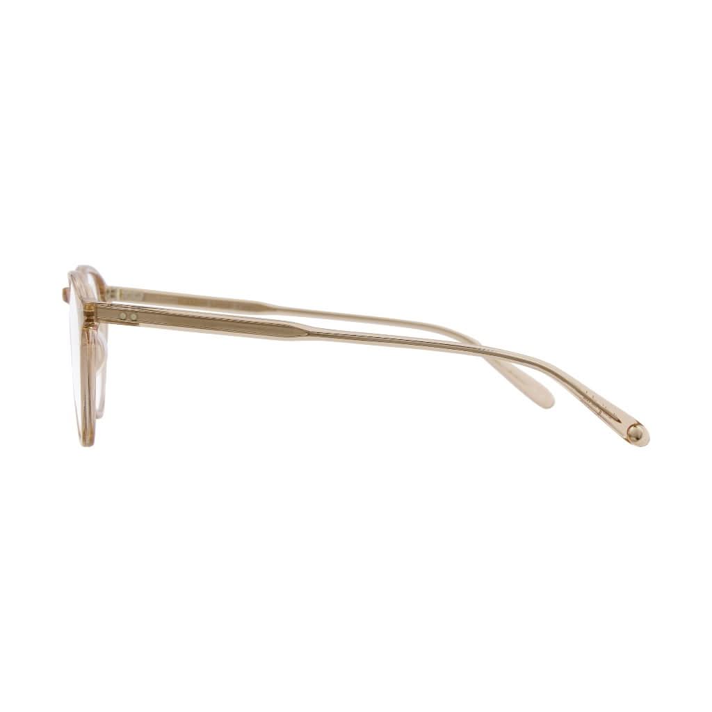 Seitenansicht der Garrett Leight Brille, Modell Hampton X in der Farbe Brew, erhältlich bei Optik Bartholomä in München. Transparentes Design in einem weichen, nudefarbenen Ton für einen eleganten und modernen Look.