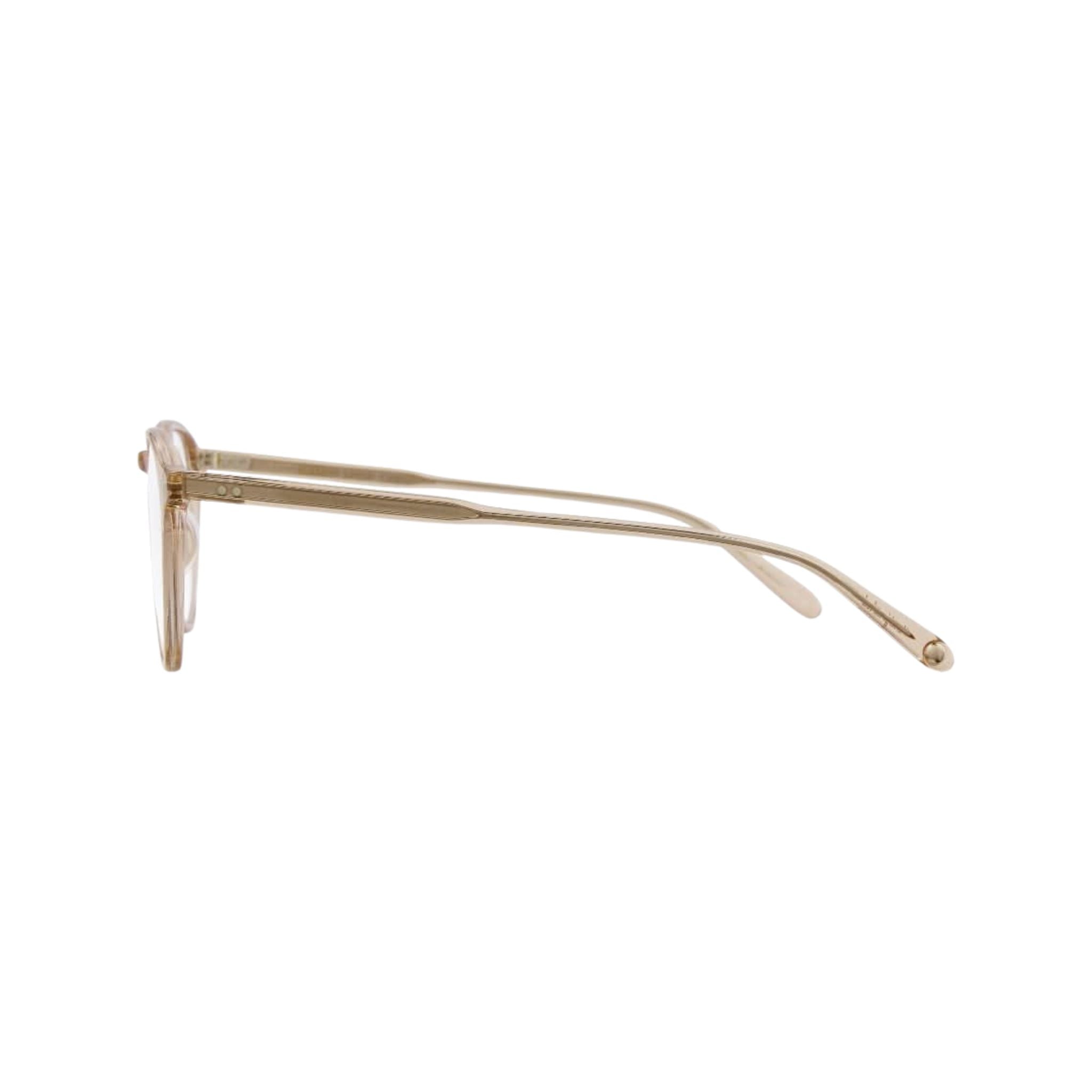 Seitenansicht der Garrett Leight Brille, Modell Hampton X in der Farbe Brew, erhältlich bei Optik Bartholomä in München. Transparentes Design in einem weichen, nudefarbenen Ton für einen eleganten und modernen Look.