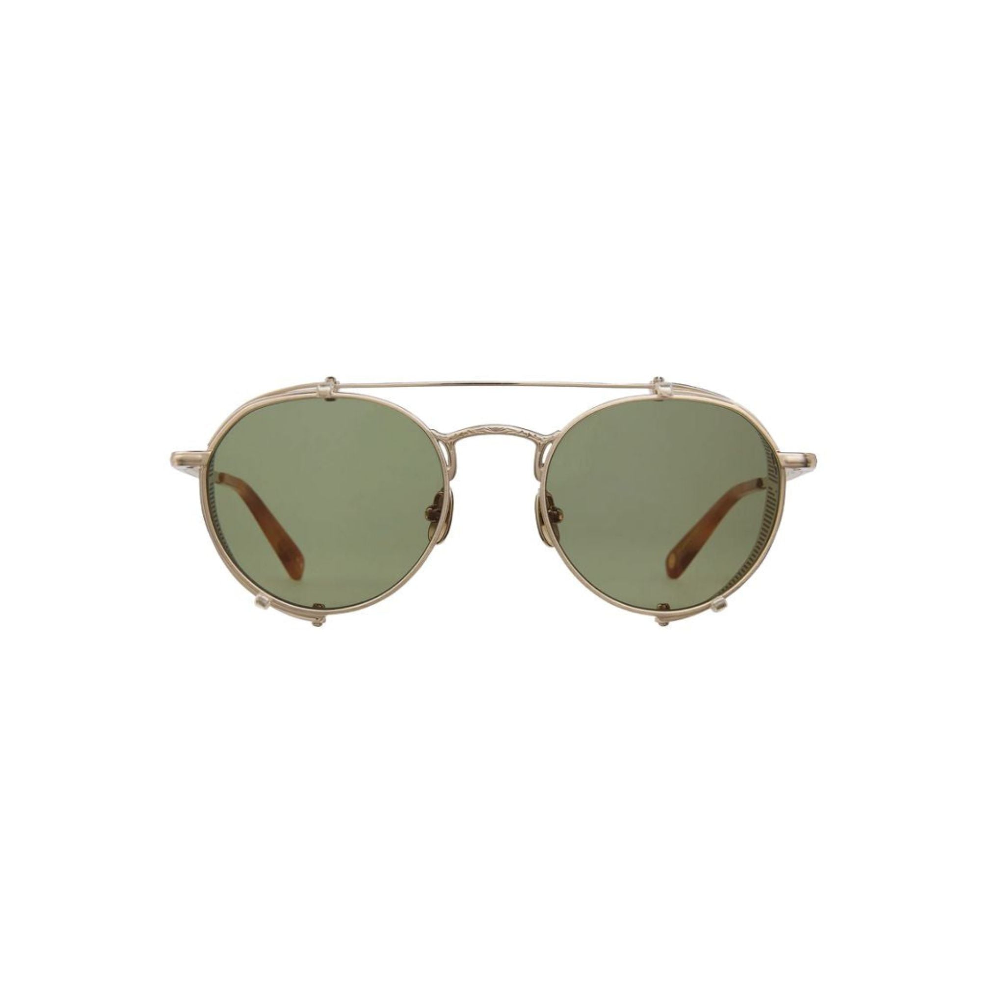 Garrett Leight OCAMPO Sun Brushed Gold Sonnenbrille Frontansicht rund Unisex grüne Gläser Seitenschutz Designer München Optiker Optik Bartholomä