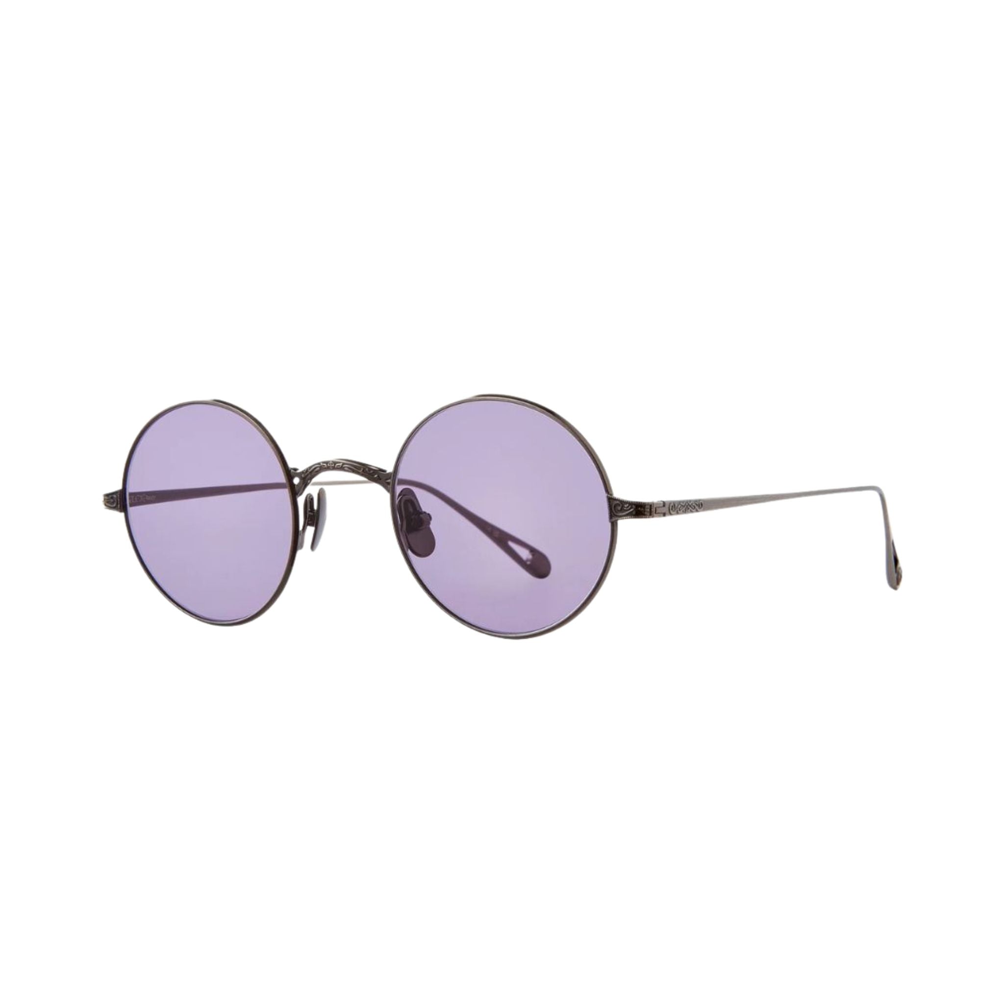 Detailaufnahme von limitierter Sonnnebrille GLCO x OZZY SUN aus Titan mit filigranen Details und Grapefarbenen -Gläsern - Made in Japan exklusiv bei Optik Bartholomä München