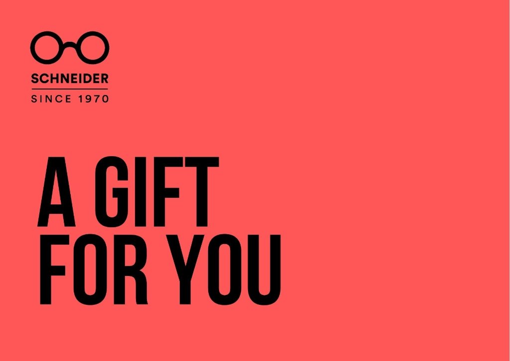 Geschenkgutschein von Brillen Schneider in München, perfekt für den Kauf einer tollen Designerbrille  oder Brillenaccessoires. Der Gutschein kann bei Brillen Schneider oder Optik Bartholomä eingelöst werden und bietet eine tolle Möglichkeit, eine individuell passende Brille zu finden.