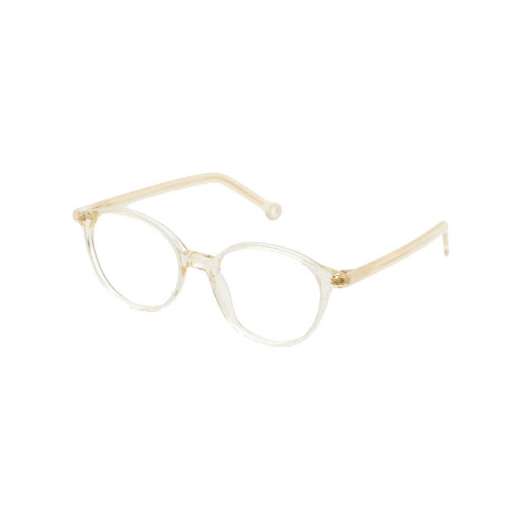 Seitenansicht der Kaleos Kids Kusakabe col. 3 Brille mit transparenten Beige-Bügeln und weißen Enden – Brillen Schneider in München.