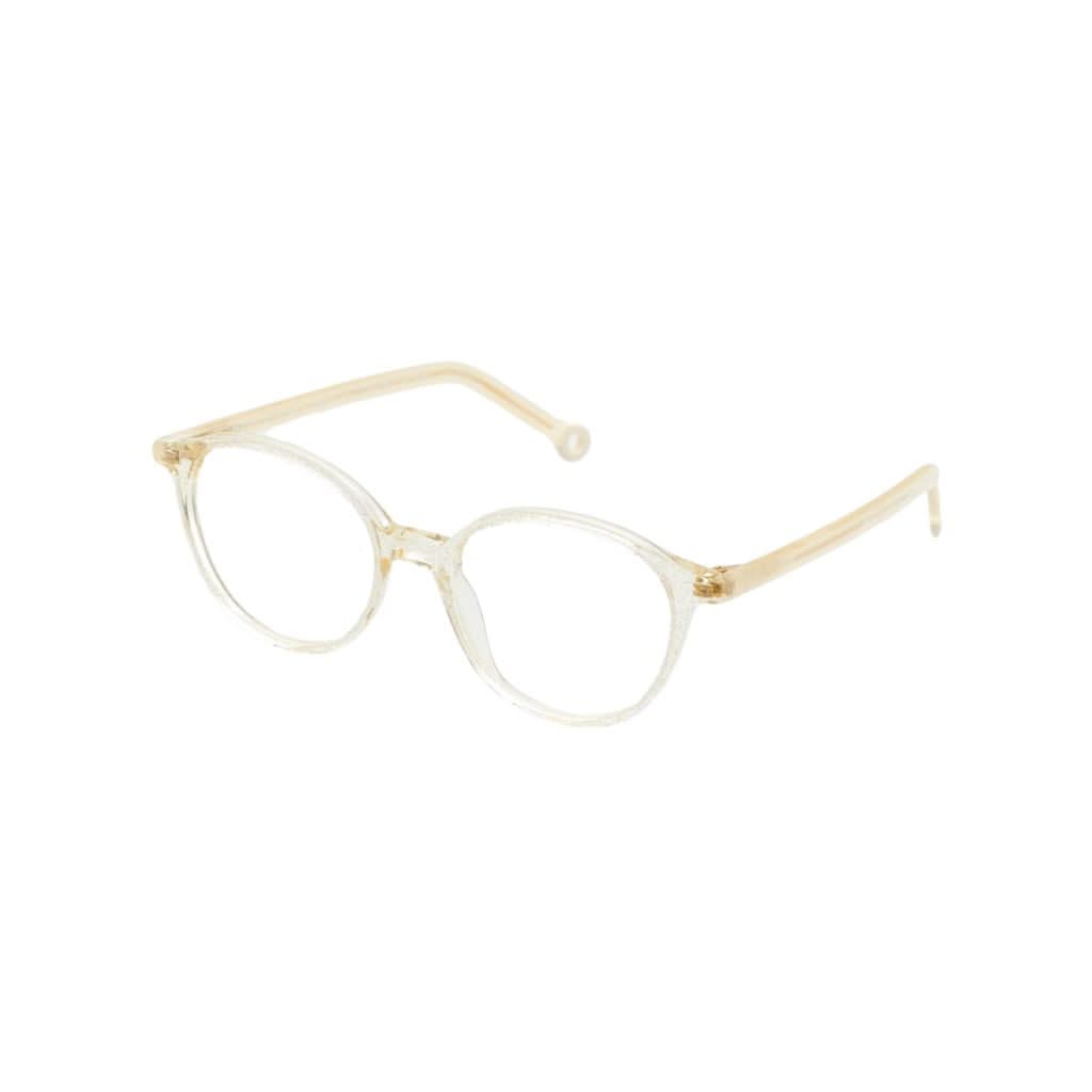 Seitenansicht der Kaleos Kids Kusakabe col. 3 Brille mit transparenten Beige-Bügeln und weißen Enden – Brillen Schneider in München.