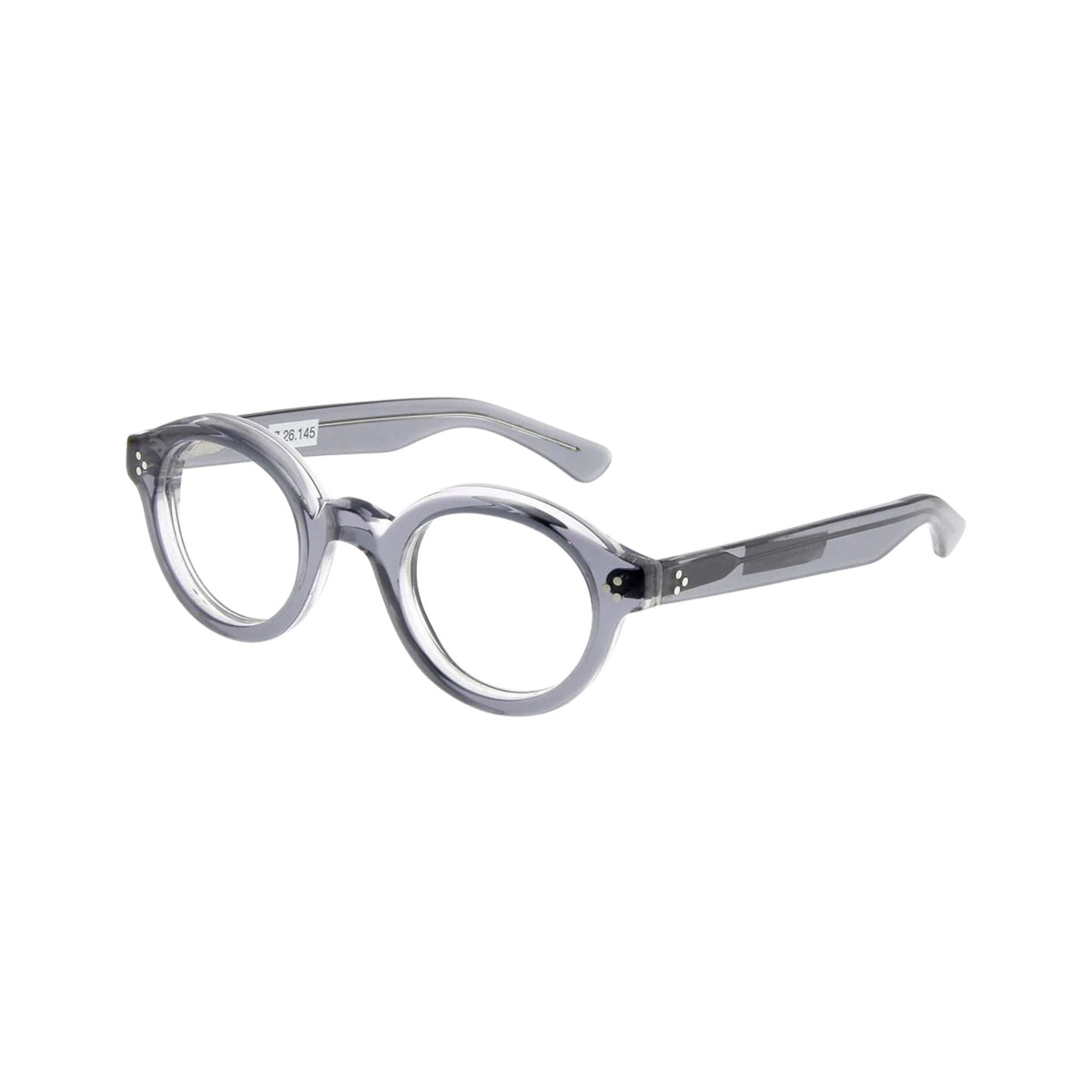 Lesca Lunetier CORBS Crystal runde Acetatbrille in transparentem Rauchgrau mit kräftigem Rahmen, Schlüssellochsteg und hellen Ziernieten – BRILLEN SCHNEIDER München