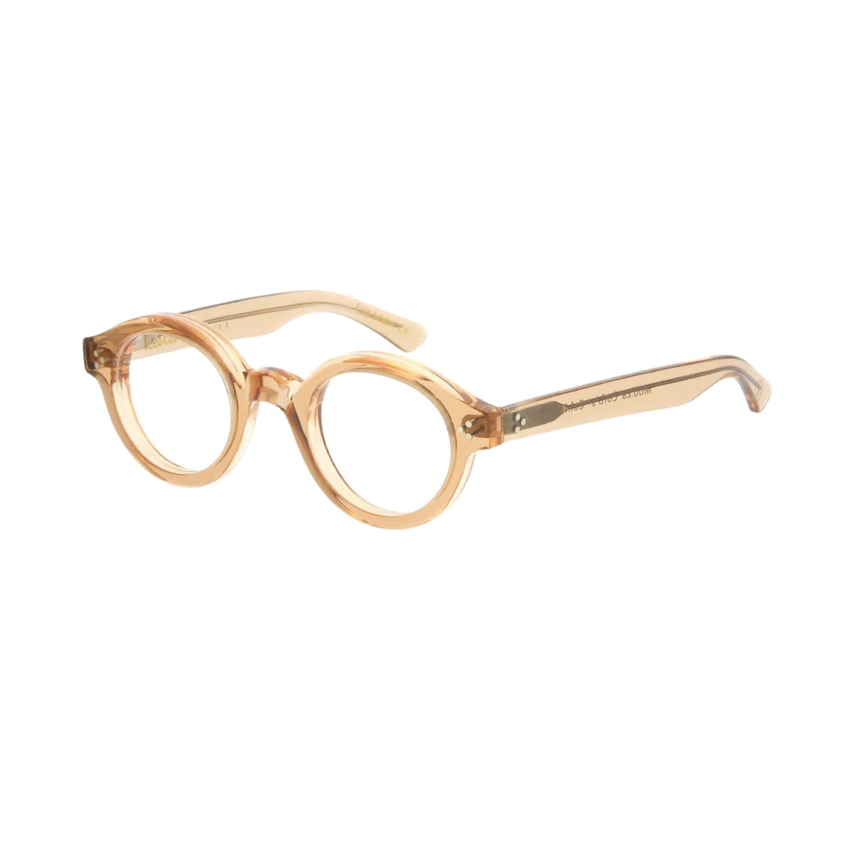 Lesca Lunetier CORBS Rose runde Acetatbrille in transparentem Rosé und Apricot mit Schlüssellochsteg, silberfarbenen Nieten und sichtbaren Metalleinlagen – BRILLEN SCHNEIDER München
