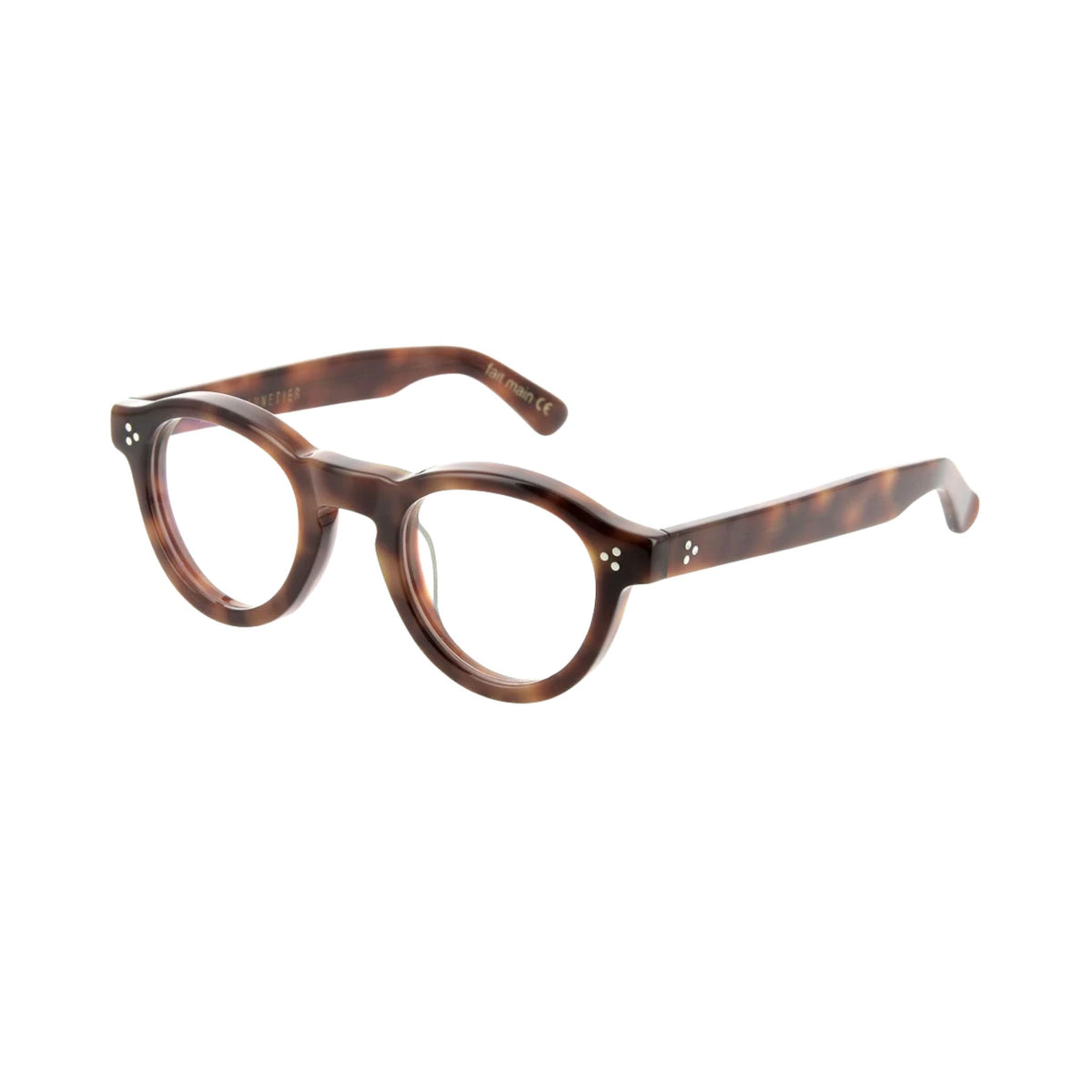 Lesca Lunetier GASTON 036 Herrenbrille in braun gemasertem Havanna-Acetat mit runder Panto-Form, Schlüssellochsteg und hellen Ziernieten – BRILLEN SCHNEIDER München