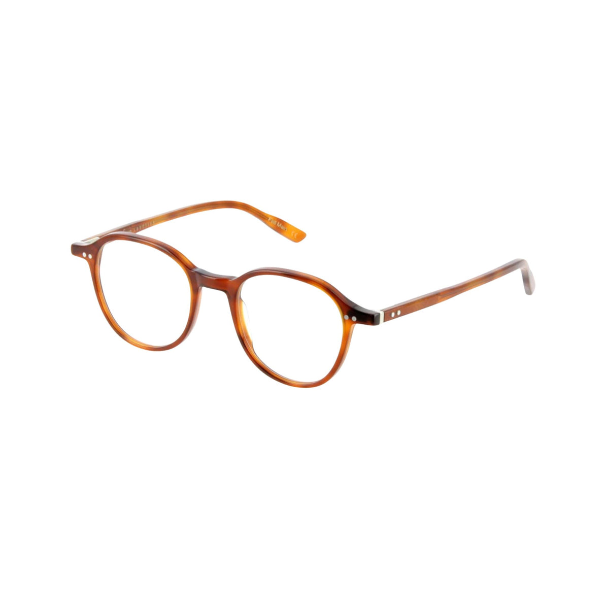 Lesca Lunetier PUNO XL 3 Panto-Brille aus transparent cognacbraunem Acetat mit runden Gläsern, Schlüssellochsteg und silberfarbenen Ziernieten – BRILLEN SCHNEIDER München