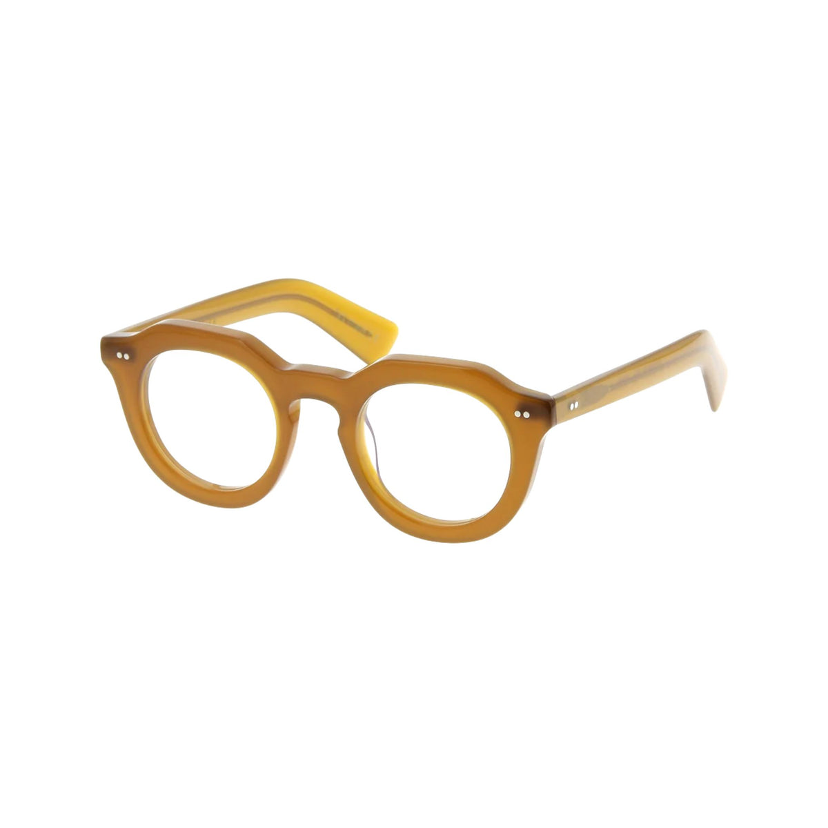 Lesca Lunetier TORO XL 3 runde Acetatbrille in transparentem Honiggelb mit kräftigem Rahmen, Schlüssellochsteg und silberfarbenen Ziernieten – BRILLEN SCHNEIDER München