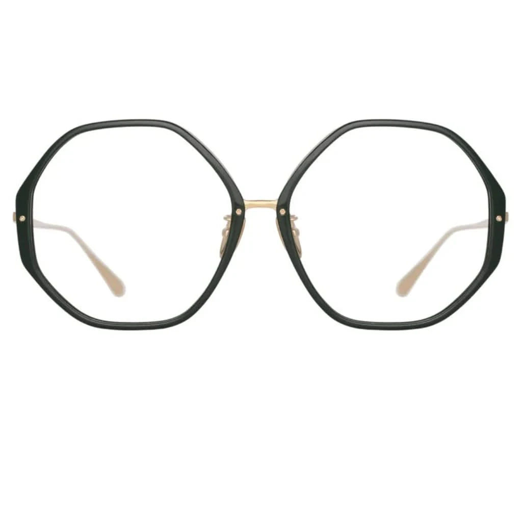 Linda Farrow Alona Brille in Forest, eine hochwertige Designerbrille mit markantem Design, erhältlich bei Brillen Schneider, Ihrem Augenoptiker in München.