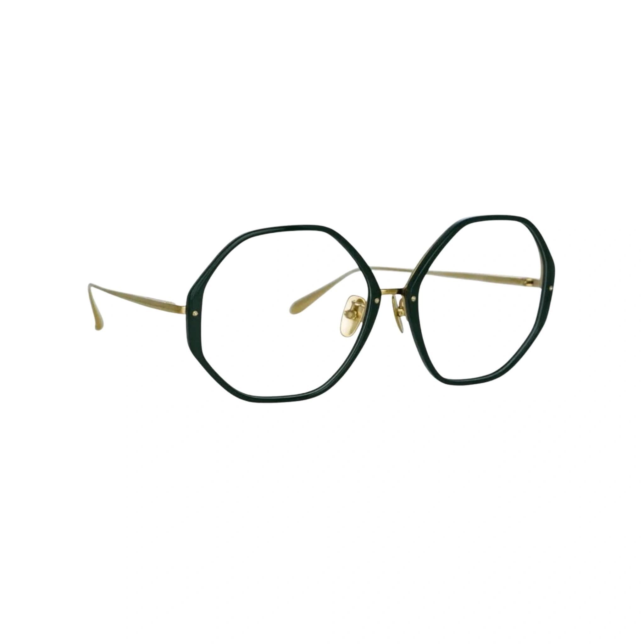 Detailaufnahme der Linda Farrow Alona Forest Brille, die mit ihrem ikonischen Retro-Look und hochwertiger Verarbeitung als Designerbrille bei Brillen Schneider, Augenoptiker in München erhältlich