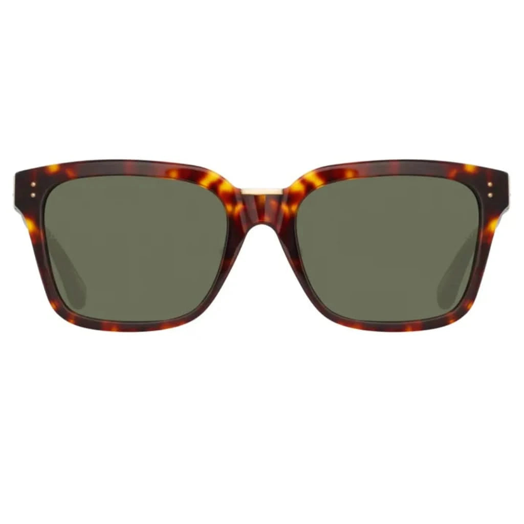 Linda Farrow Desiree Brown Sonnenbrille mit markantem, grünem Rahmen und eleganten Linien, erhältlich bei Brillen Schneider, Ihrem Augenoptiker in München.