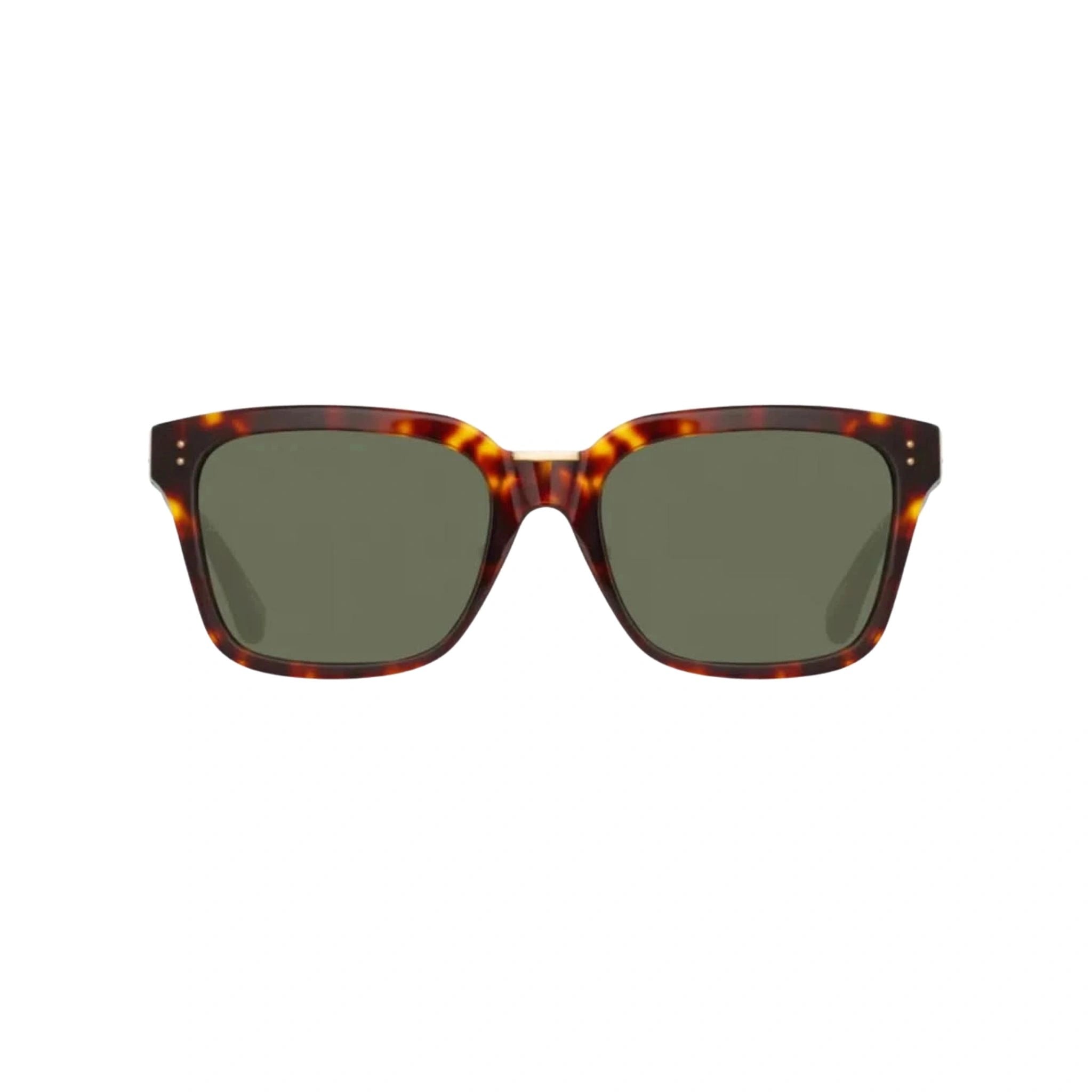 Linda Farrow Desiree Brown Sonnenbrille mit markantem, grünem Rahmen und eleganten Linien, erhältlich bei Brillen Schneider, Ihrem Augenoptiker in München.