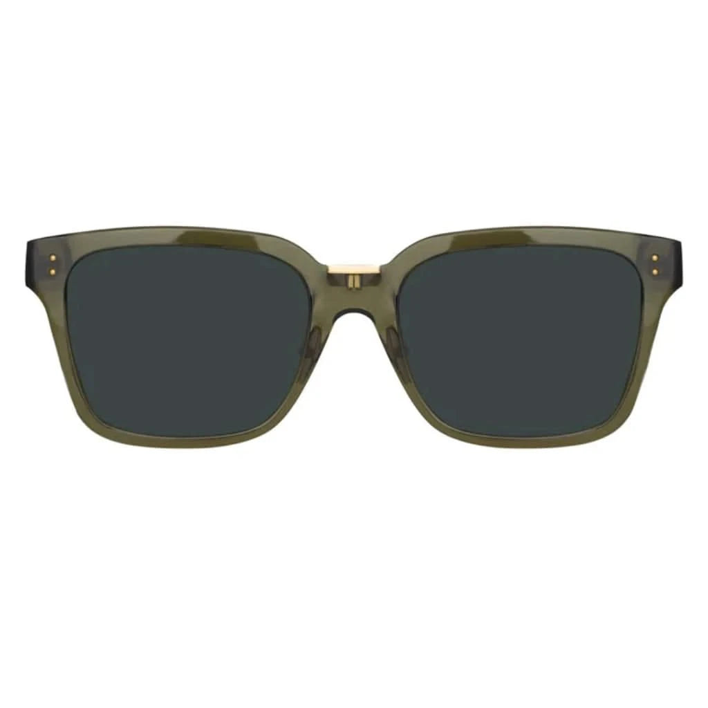 Linda Farrow Desiree Green Sonnenbrille mit markantem, grünem Rahmen und eleganten Linien, erhältlich bei Brillen Schneider, Ihrem Augenoptiker in München.