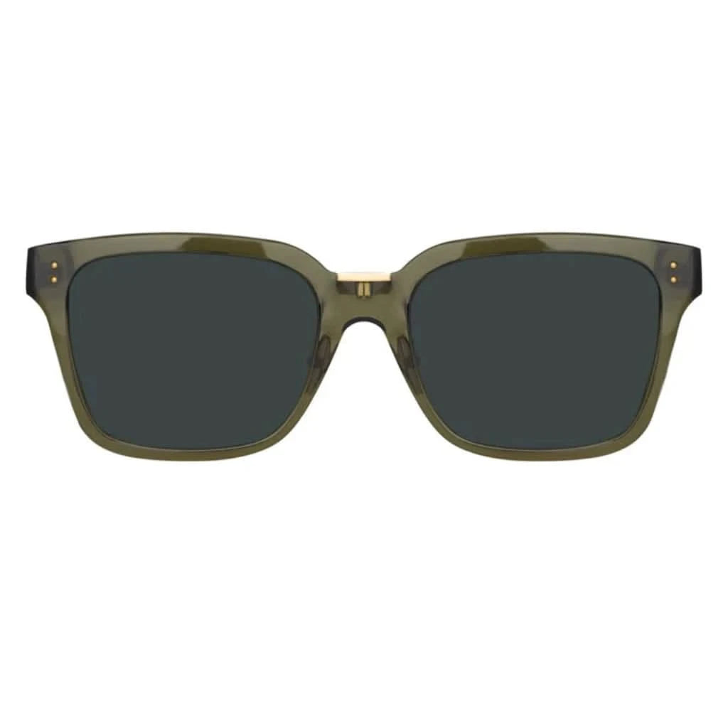 Linda Farrow Desiree Green Sonnenbrille mit markantem, grünem Rahmen und eleganten Linien, erhältlich bei Brillen Schneider, Ihrem Augenoptiker in München.
