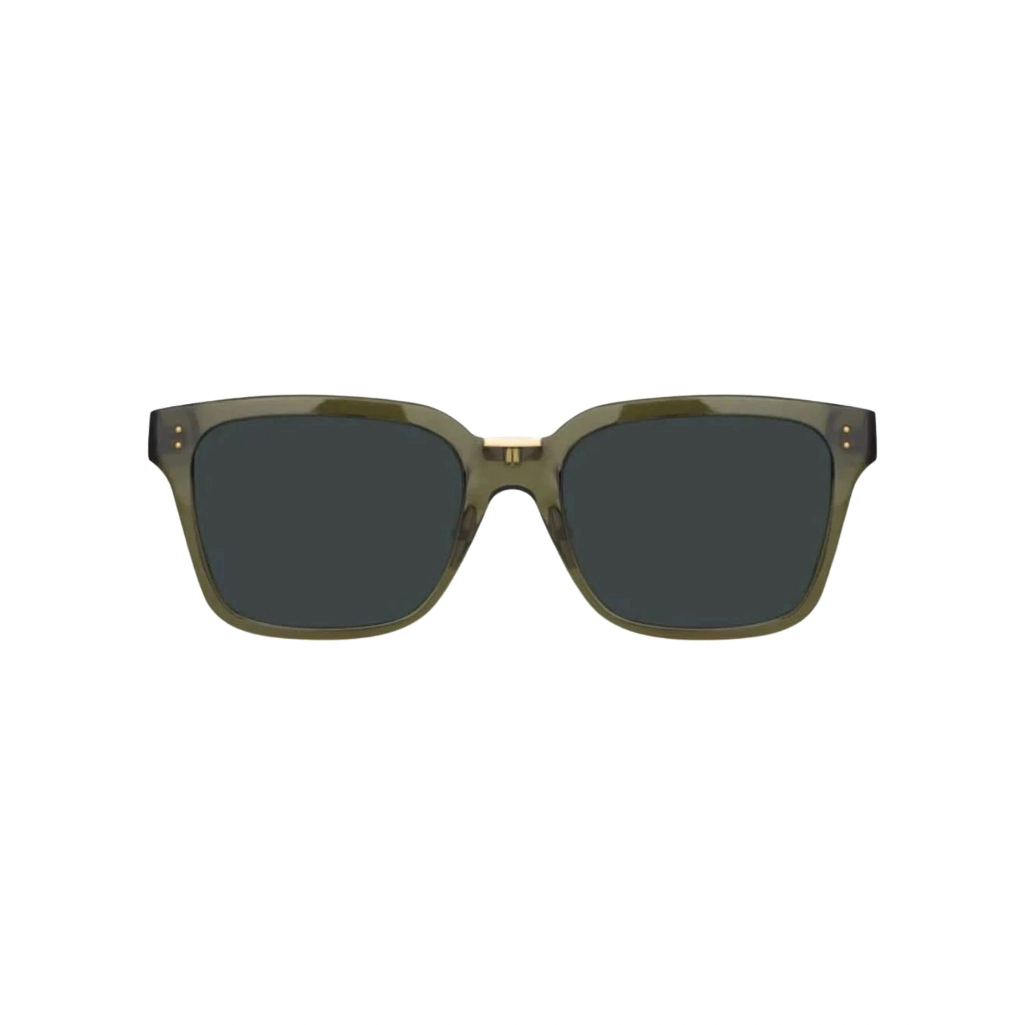 Linda Farrow Desiree Green Sonnenbrille mit markantem, grünem Rahmen und eleganten Linien, erhältlich bei Brillen Schneider, Ihrem Augenoptiker in München.