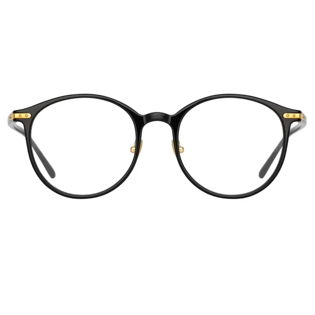 Die Linda Farrow Forster Black Designerbrille mit ovale Form aus recyceltem schwarzem Acetat, erhältlich bei Brillen Schneider, Ihrem Optiker in München für hochwertige Augenoptik.