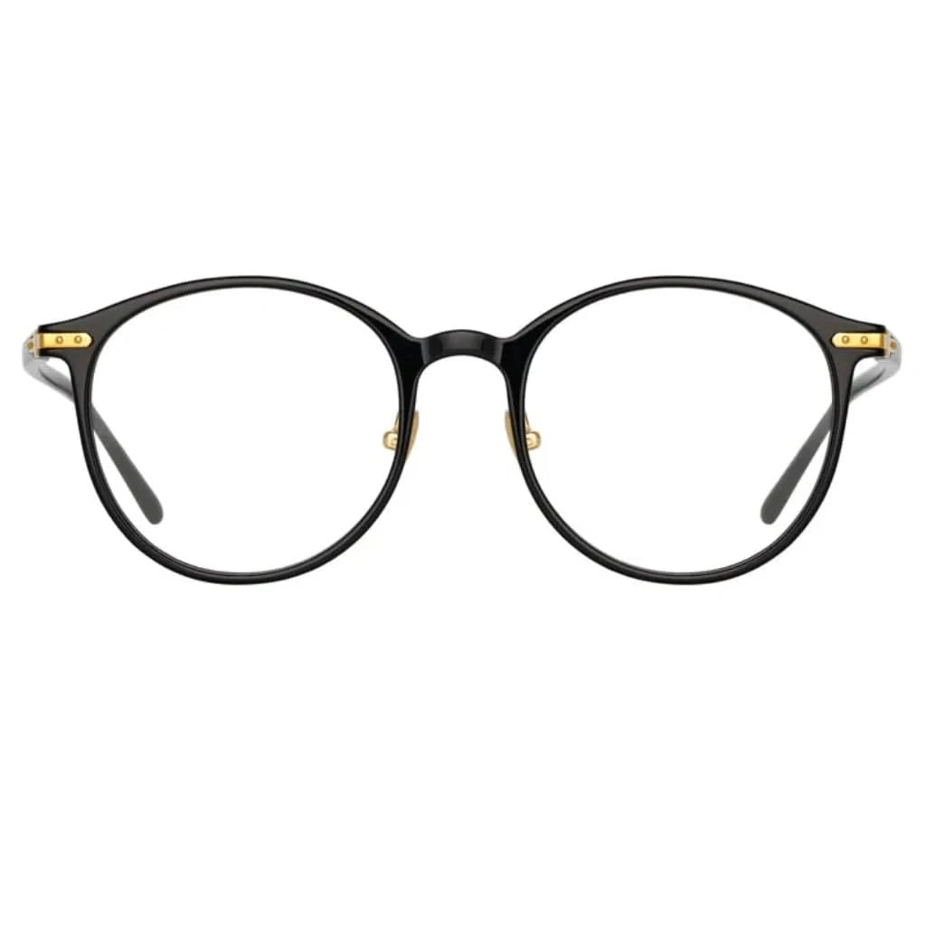 Die Linda Farrow Forster Black Designerbrille mit ovale Form aus recyceltem schwarzem Acetat, erhältlich bei Brillen Schneider, Ihrem Optiker in München für hochwertige Augenoptik.