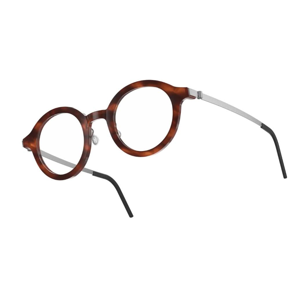 Seitenansicht der Brille Lindberg 1269 AK76, zeigt die feine Kombination aus braunen Acetat und schlanken Titanbügeln, die für ein elegantes, modernes Erscheinungsbild sorgen. Exklusiv bei Brillen Schneider in München erhältlich.