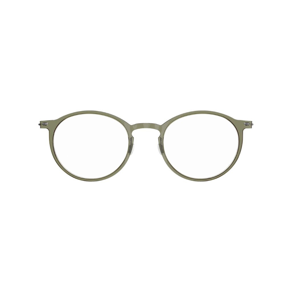 Designerbrille Modell 6541 C11 von Lindberg, Frontansicht der Acetatfassung in Khaki mit filigranen Titanbügeln in Dunkelgrau. Elegantes Design aus hochwertigen Materialien, erhältlich bei Brillen Schneider in München.