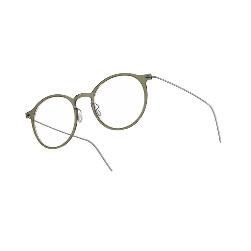 Designerbrille Modell 6541 C11 von Lindberg, Seitenansicht, Acetatfront in Khaki kombiniert mit dunkelgrauen Titanbügeln. Modernes und zeitloses Design, erhältlich bei Brillen Schneider in München.