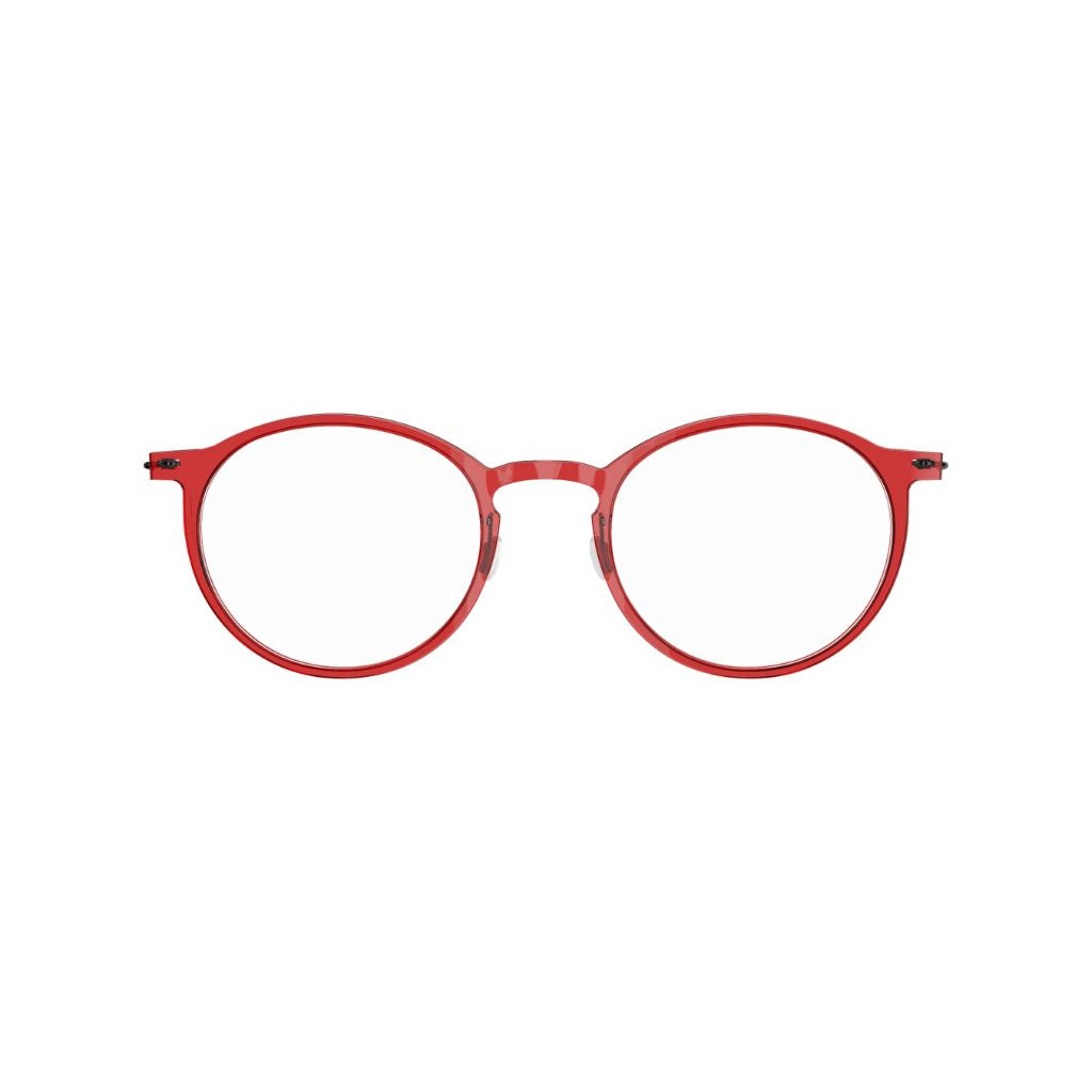 Brille Modell 6541 C12 von Lindberg - Frontansicht der transparenten roten Acetatfront kombiniert mit eleganten grauen Titanbügeln, jetzt erhältlich bei Brillen Schneider in München.