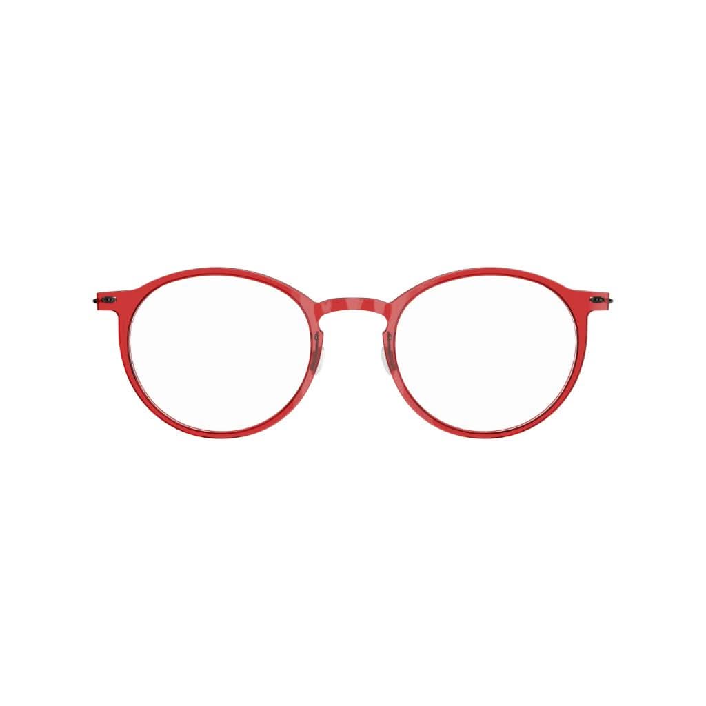 Brille Modell 6541 C12 von Lindberg - Frontansicht der transparenten roten Acetatfront kombiniert mit eleganten grauen Titanbügeln, jetzt erhältlich bei Brillen Schneider in München.
