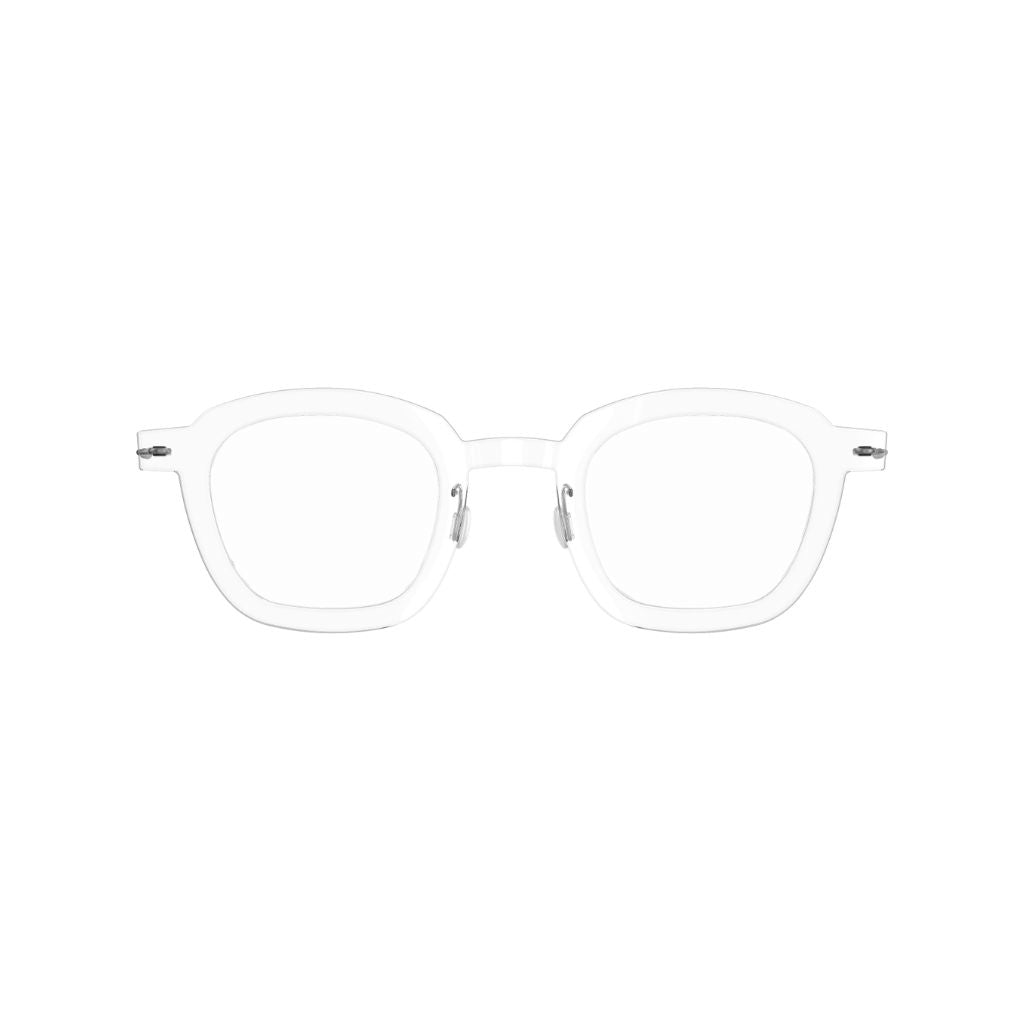 Frontansicht der Lindberg Brille 6587 C01 – klare, transparente Acetatfront mit einem modernen, leicht rechteckigen Design. Kombiniert mit matten Titanbügeln für einen eleganten Look, erhältlich bei Brillen Schneider in München.